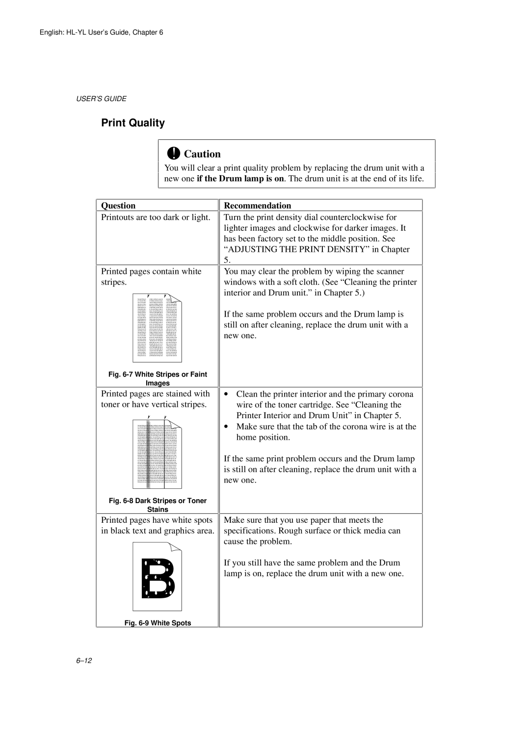 Brother HL-720 manual Print Quality, White Stripes or Faint Images 