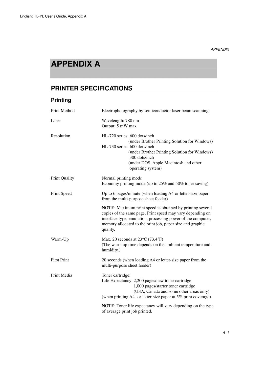 Brother HL-720 manual Appendix a, Printer Specifications 