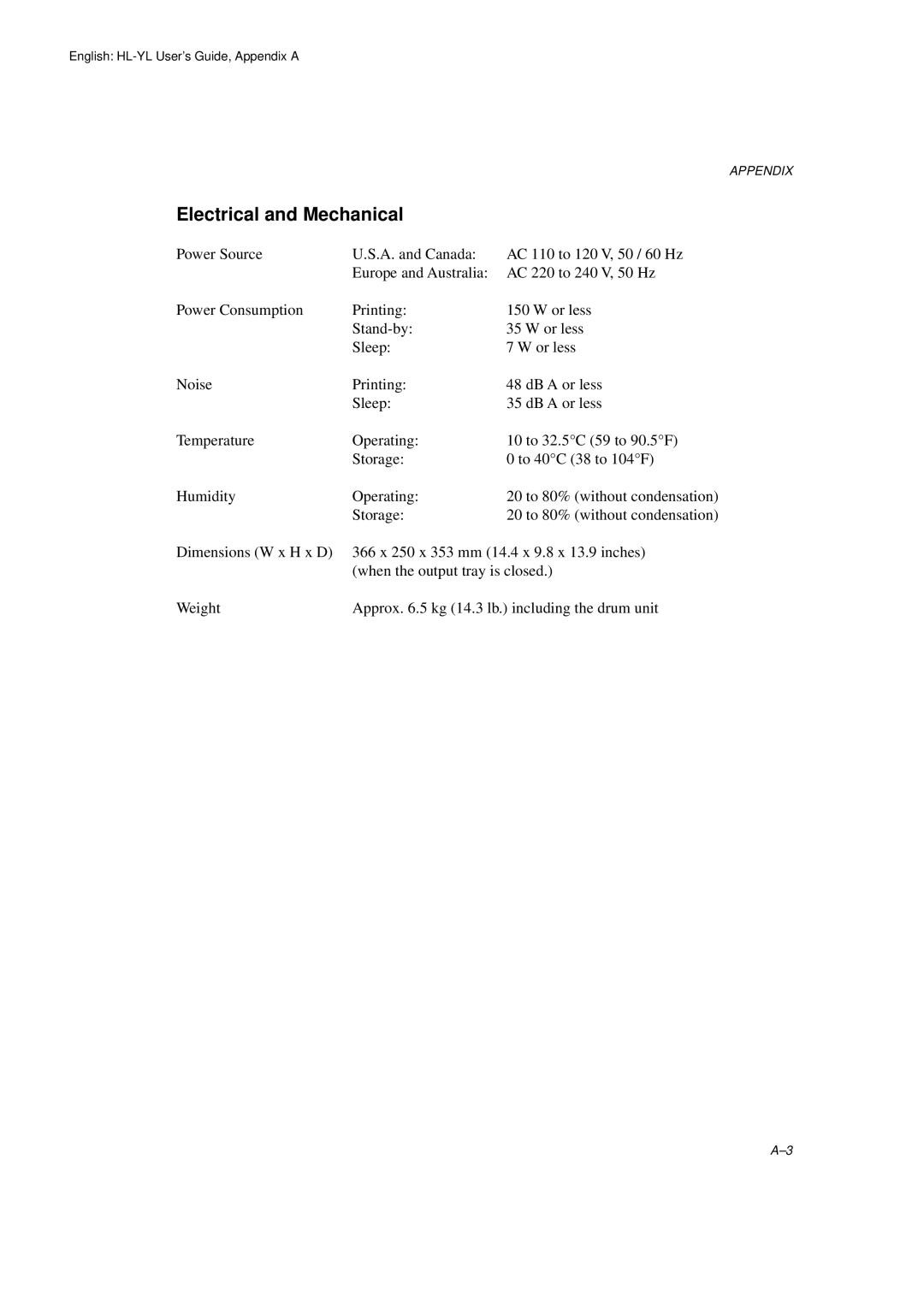 Brother HL-720 manual Electrical and Mechanical 