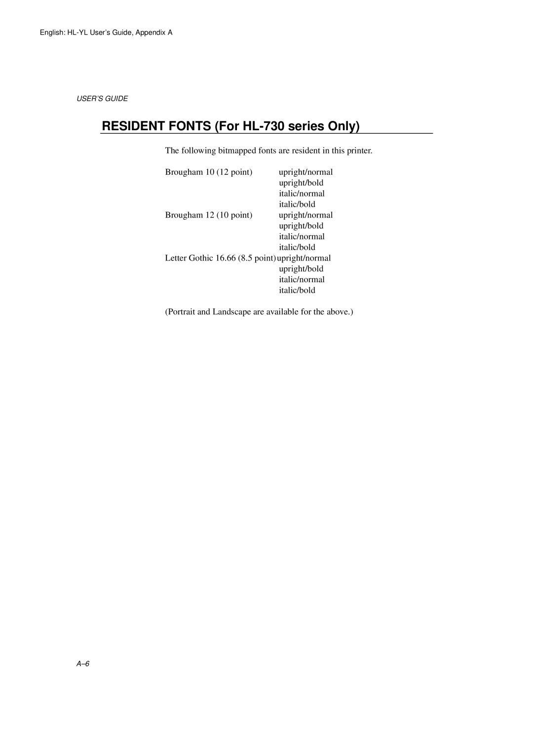 Brother HL-720 manual Resident Fonts For HL-730 series Only 