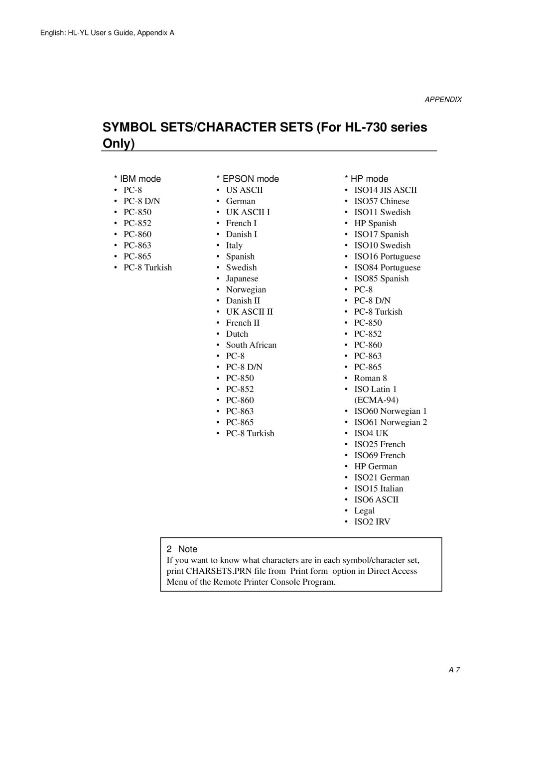 Brother HL-720 manual Symbol SETS/CHARACTER Sets For HL-730 series Only, IBM mode Epson mode HP mode 