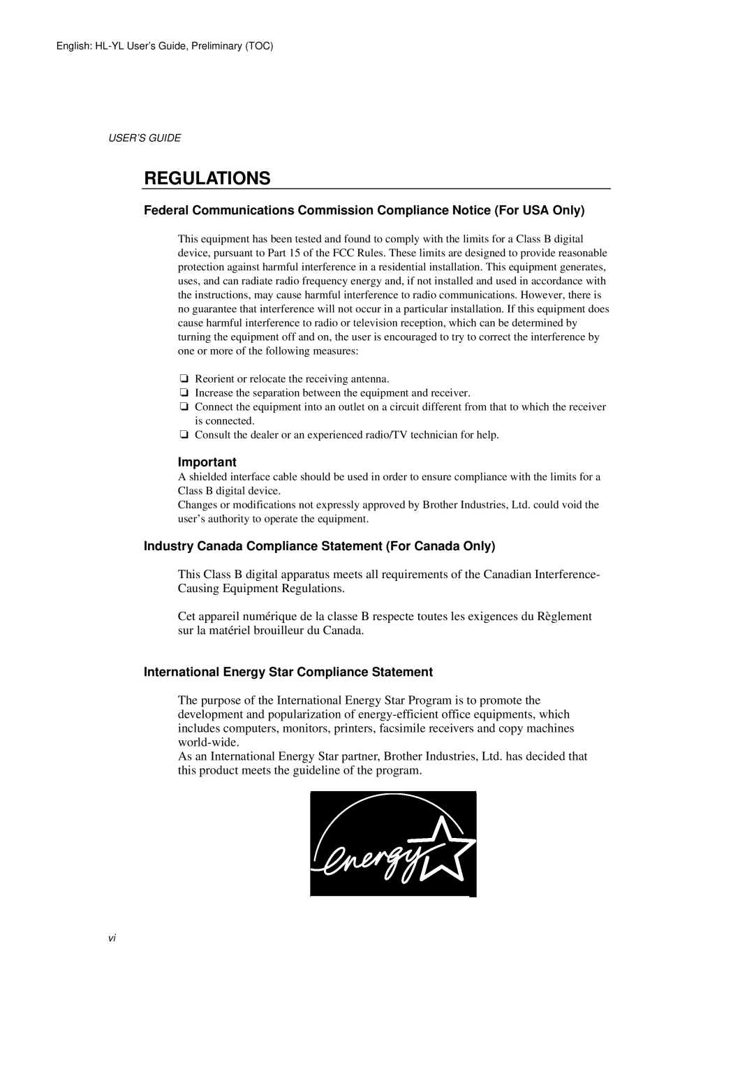 Brother HL-720 manual Regulations, Industry Canada Compliance Statement For Canada Only 