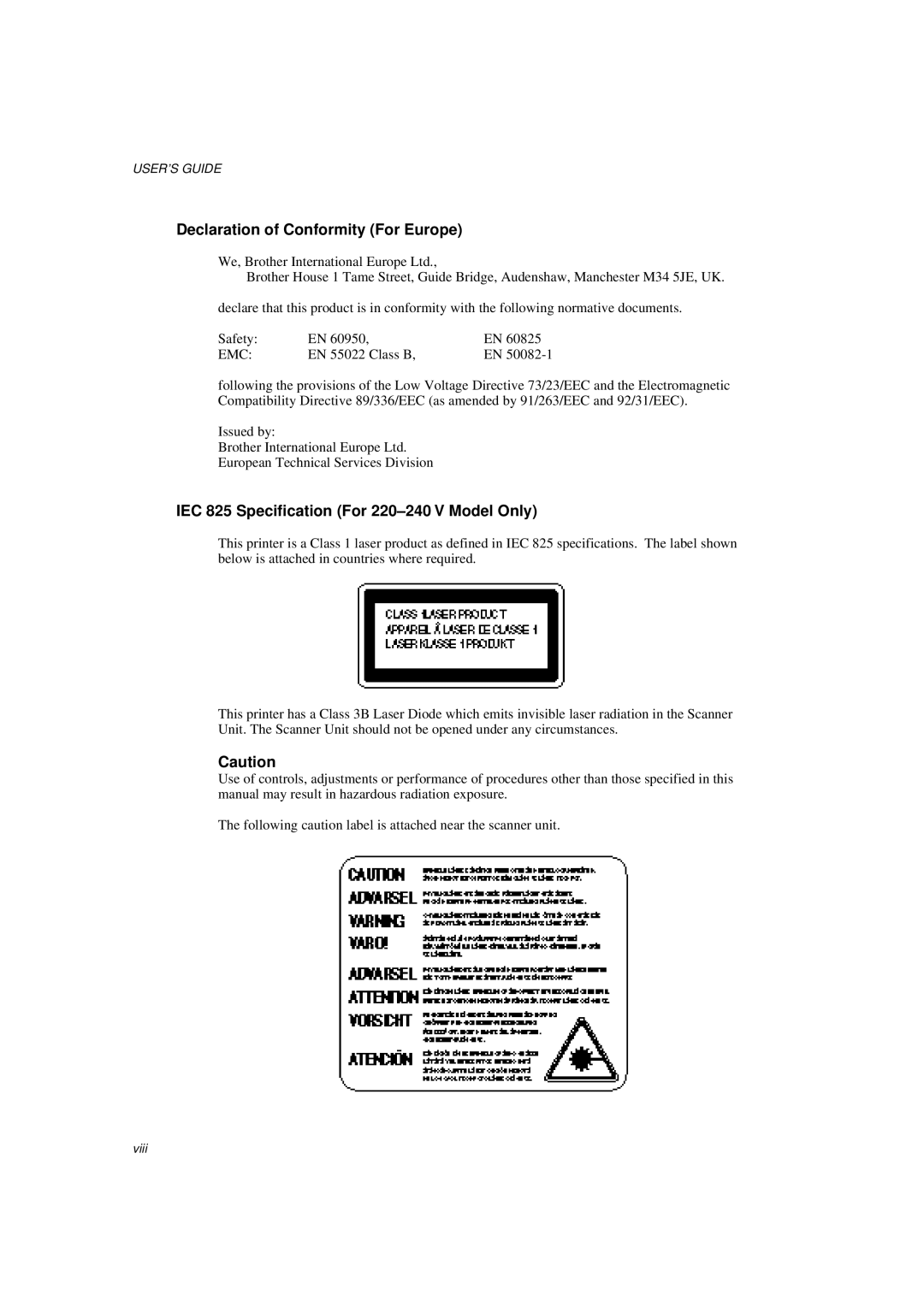 Brother HL-760 Series manual Declaration of Conformity For Europe, IEC 825 Specification For 220-240 V Model Only 