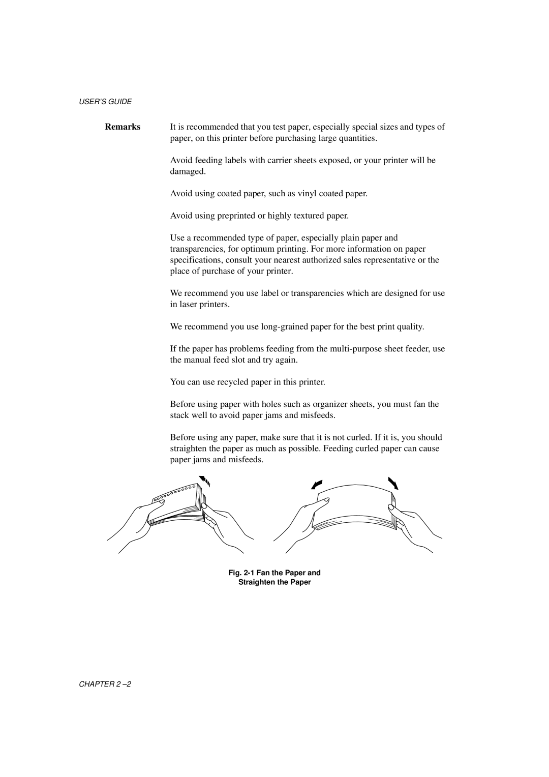 Brother HL-760 Series manual Remarks, Fan the Paper Straighten the Paper 