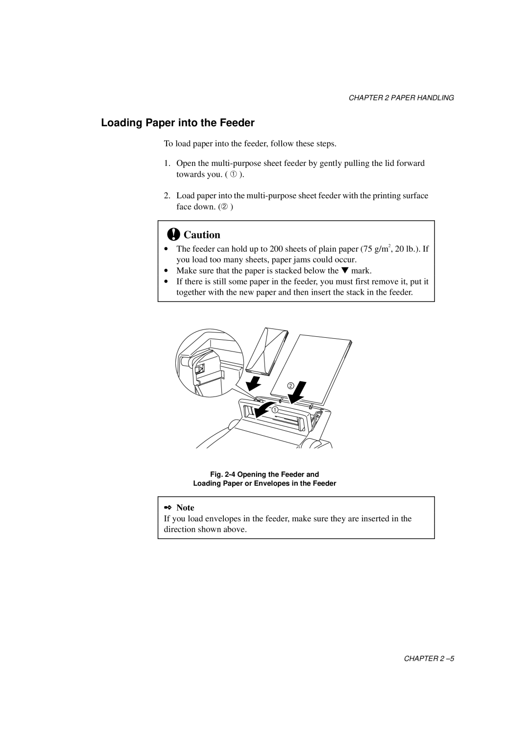 Brother HL-760 Series manual Loading Paper into the Feeder, Opening the Feeder Loading Paper or Envelopes in the Feeder 