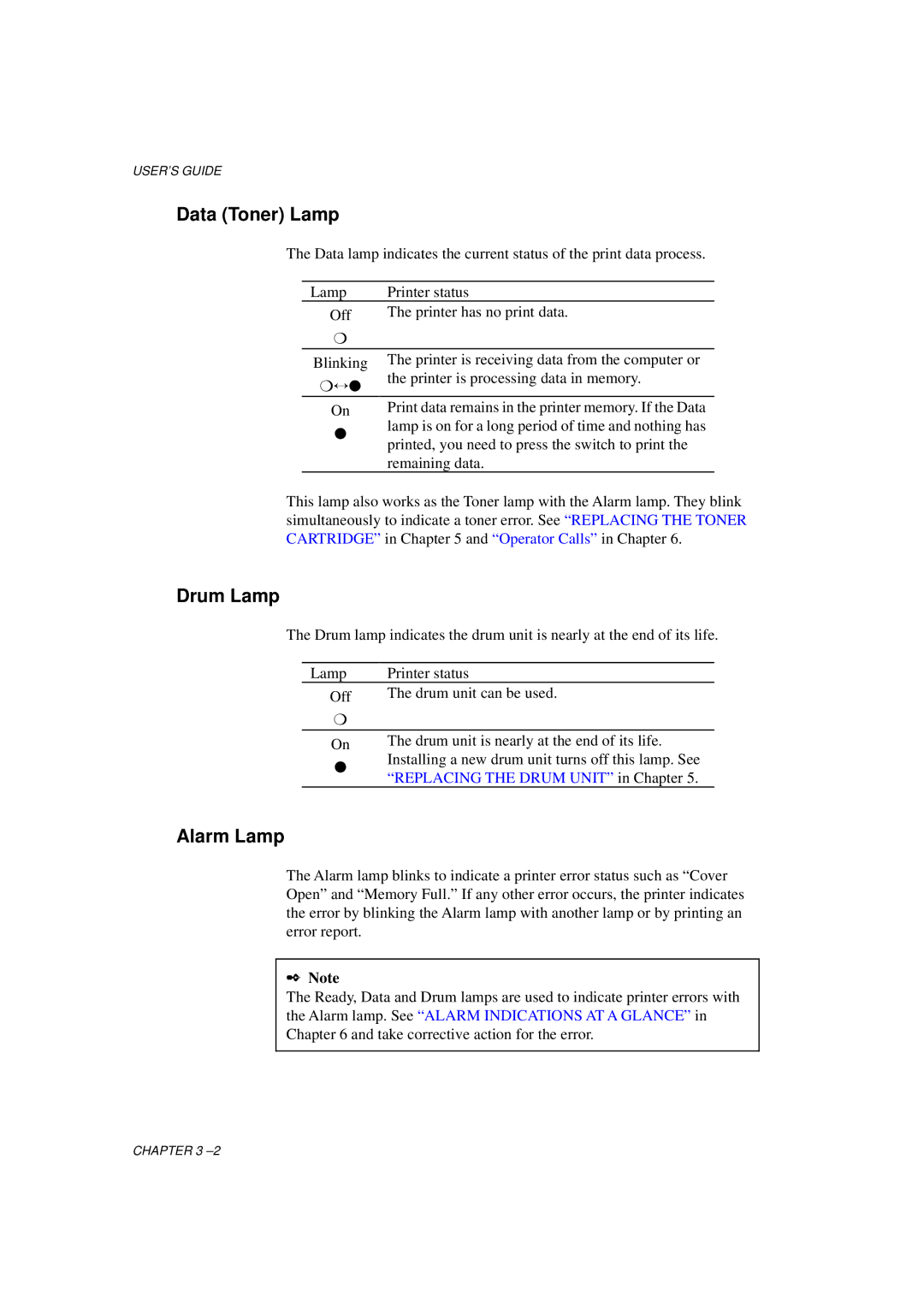 Brother HL-760 Series manual Data Toner Lamp, Drum Lamp, Alarm Lamp 