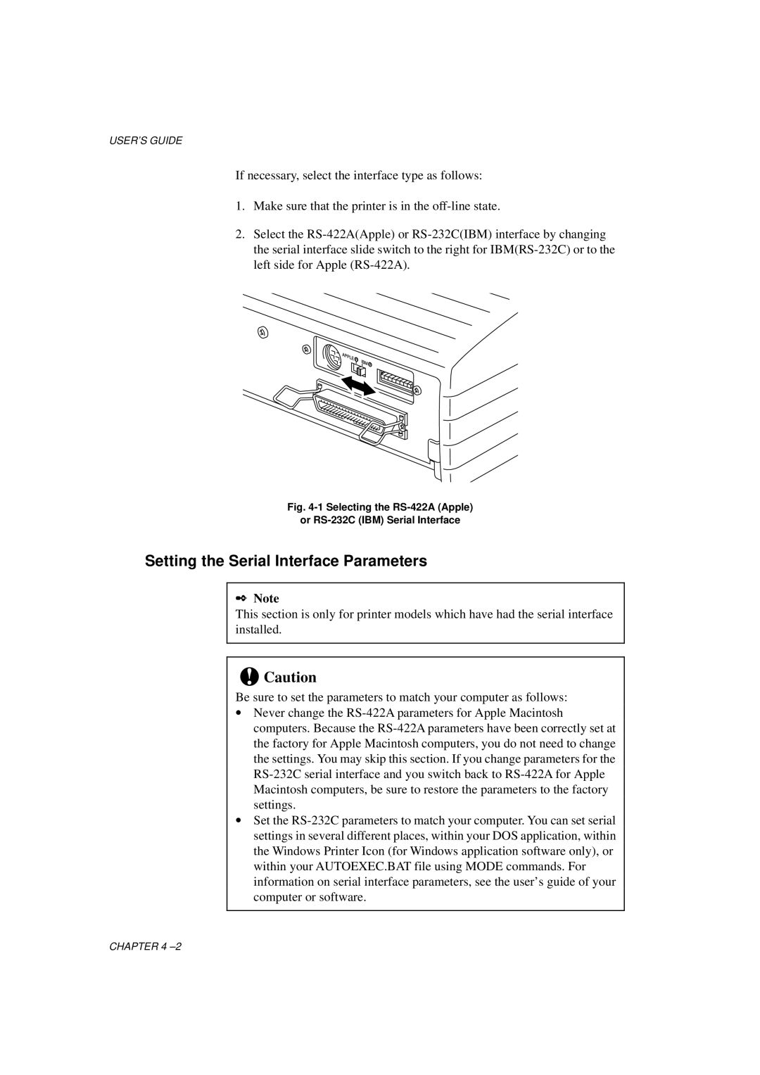 Brother HL-760 Series Setting the Serial Interface Parameters, Selecting the RS-422A Apple Or RS-232C IBM Serial Interface 