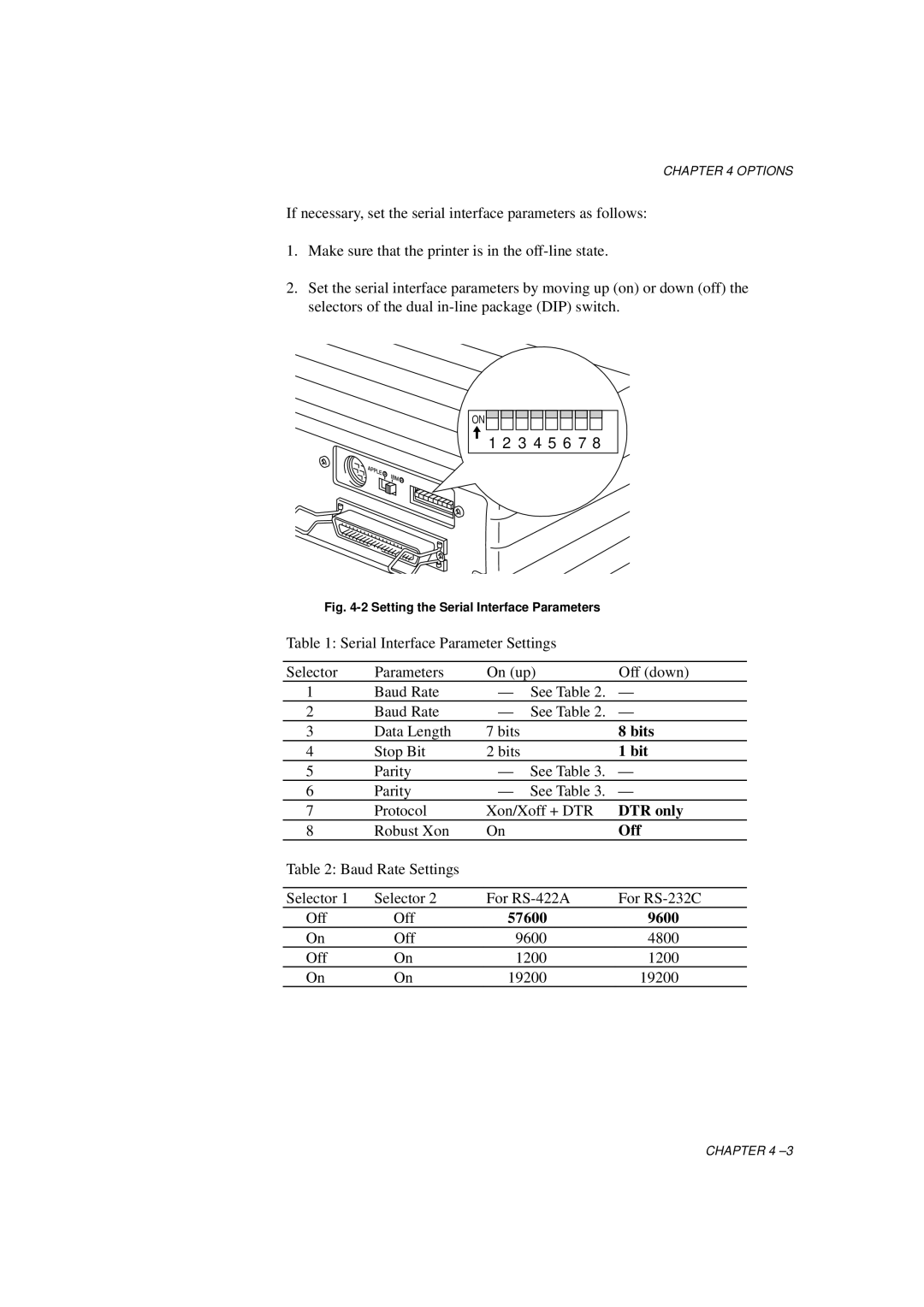 Brother HL-760 Series manual Bits, DTR only, Off, 57600 9600 