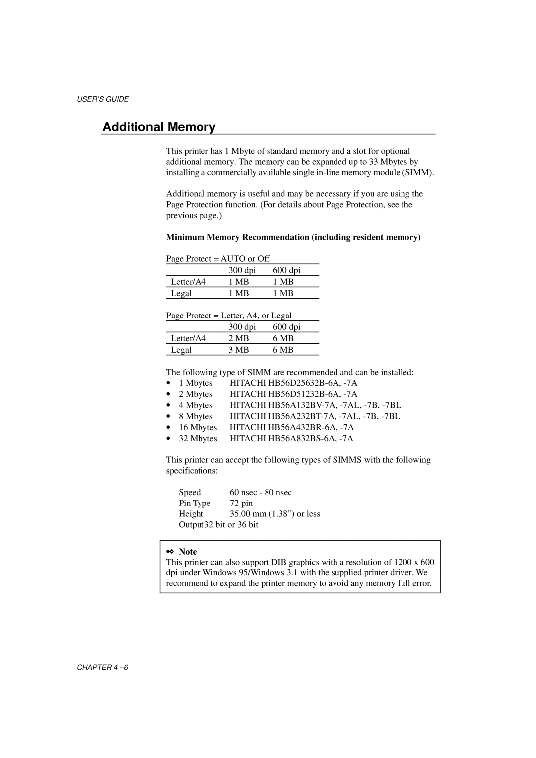 Brother HL-760 Series manual Additional Memory, Minimum Memory Recommendation including resident memory 