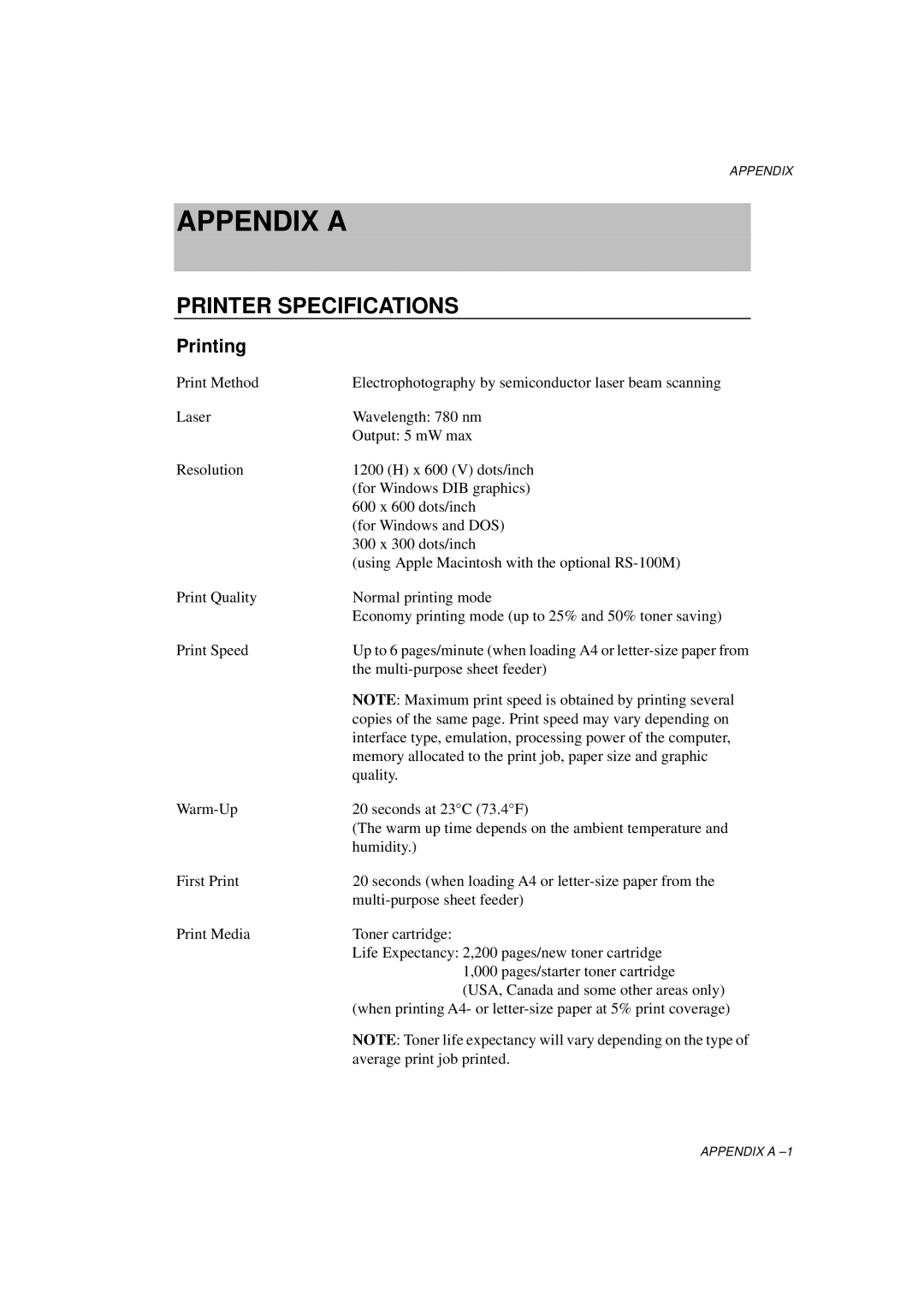 Brother HL-760 Series manual Appendix a, Printer Specifications 