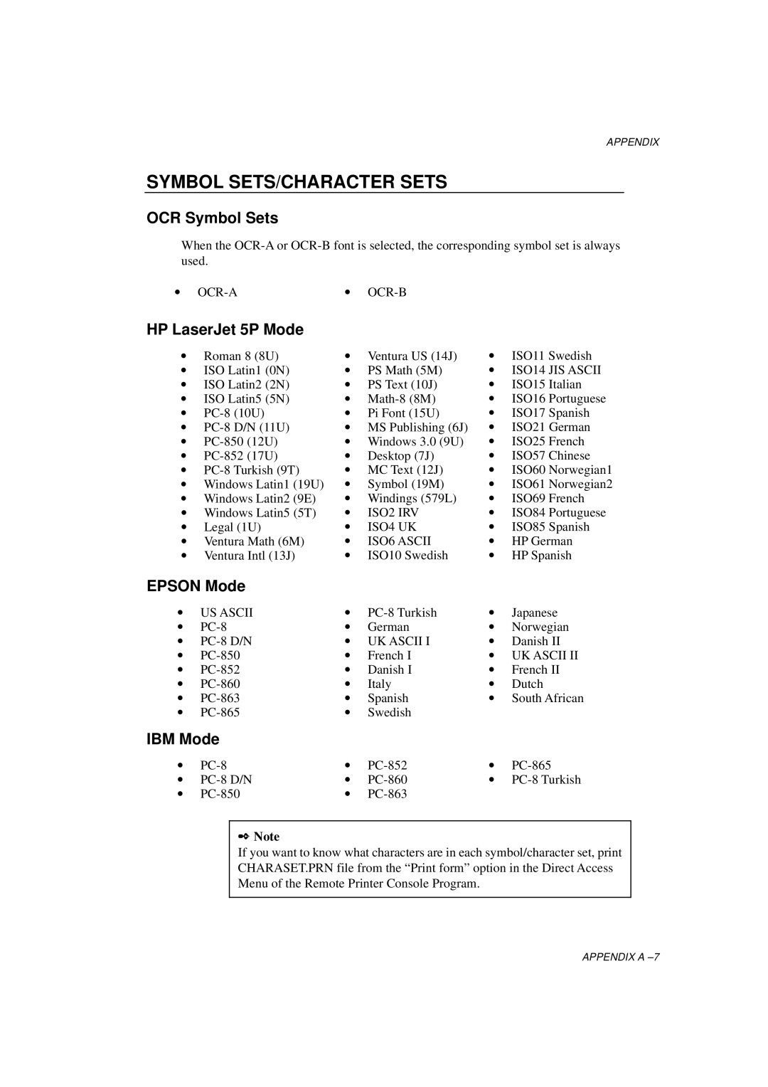 Brother HL-760 Series manual Symbol SETS/CHARACTER Sets, OCR Symbol Sets, HP LaserJet 5P Mode, Epson Mode, IBM Mode 