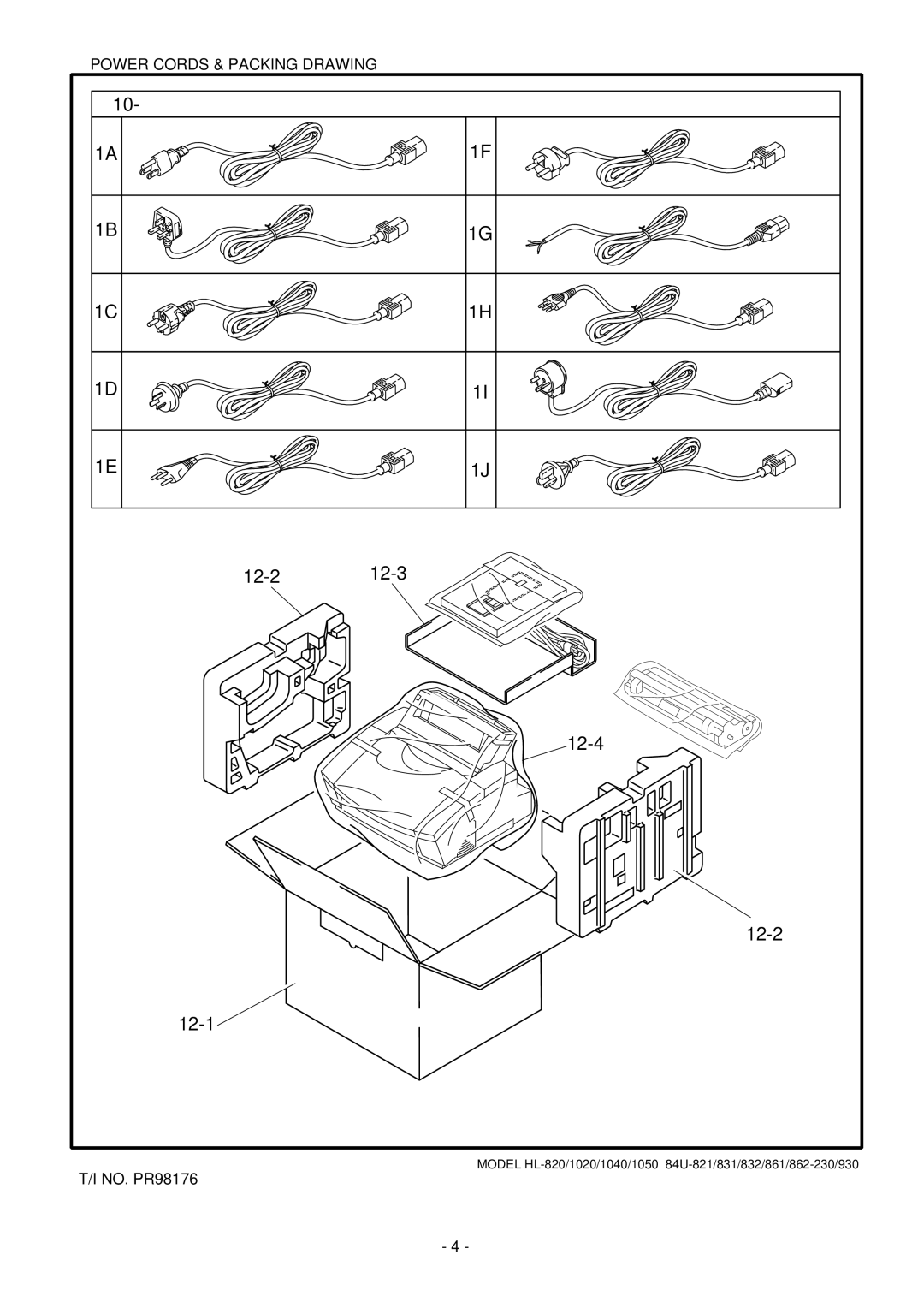 Brother HL-820, HL-1020, HL-1040 manual 12-2 12-3 12-4 12-1, Power Cords & Packing Drawing 