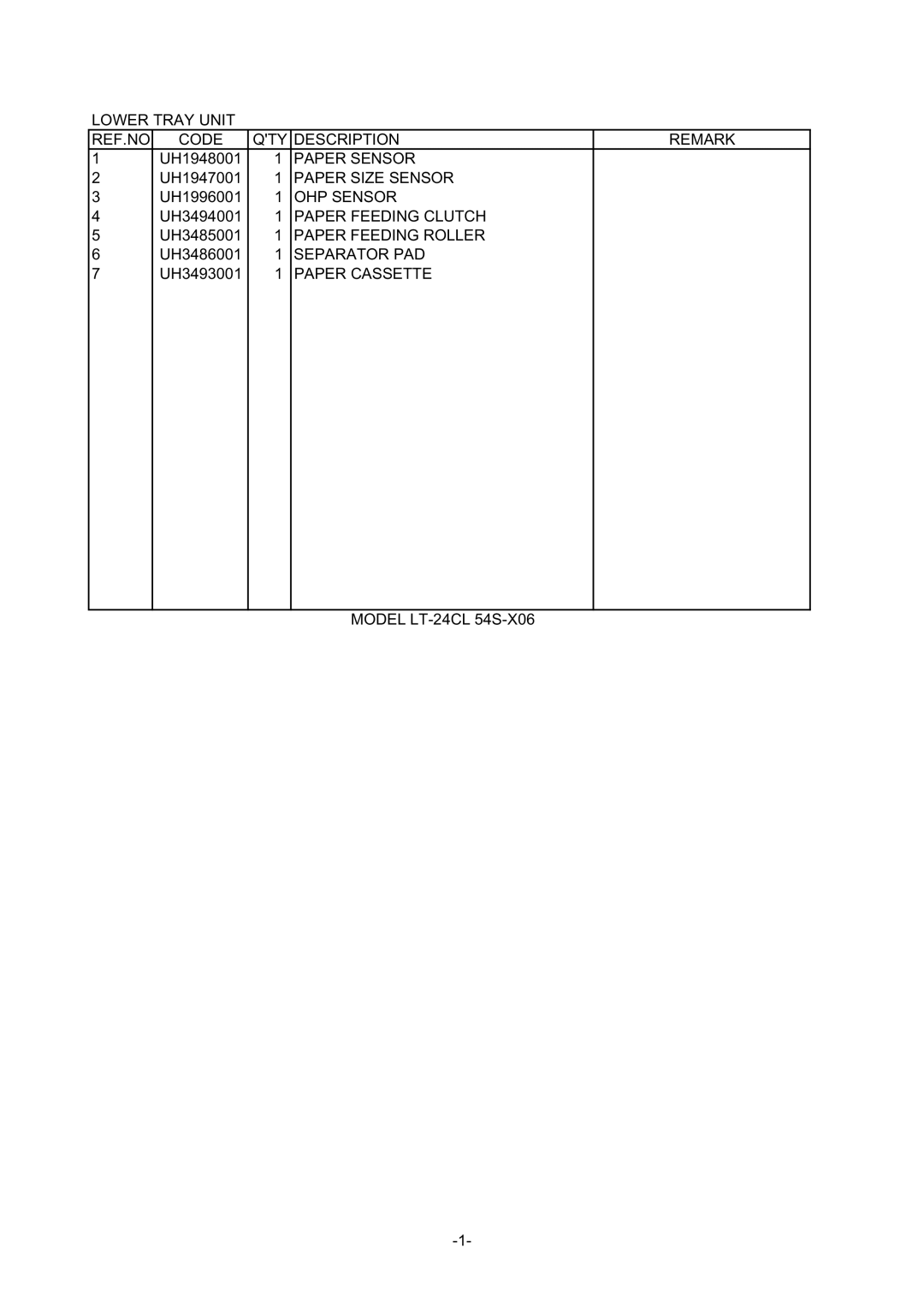 Brother HL-1020, HL-820, HL-1040 manual Lower Tray Unit REF.NO. Code QTY Description Remark 