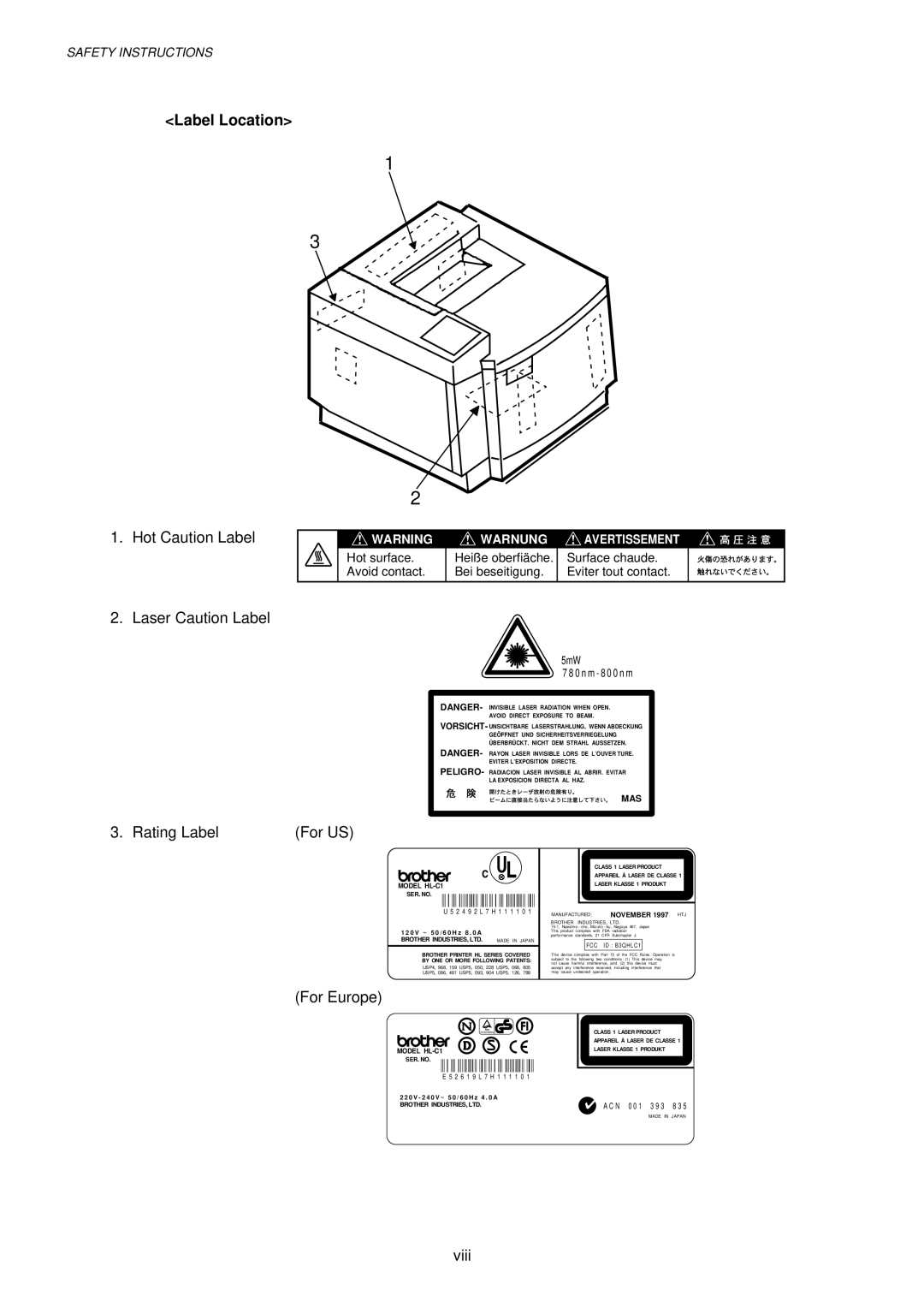 Brother HL-820, HL-1020, HL-1040 manual Label Location, Hot Caution Label Laser Caution Label 