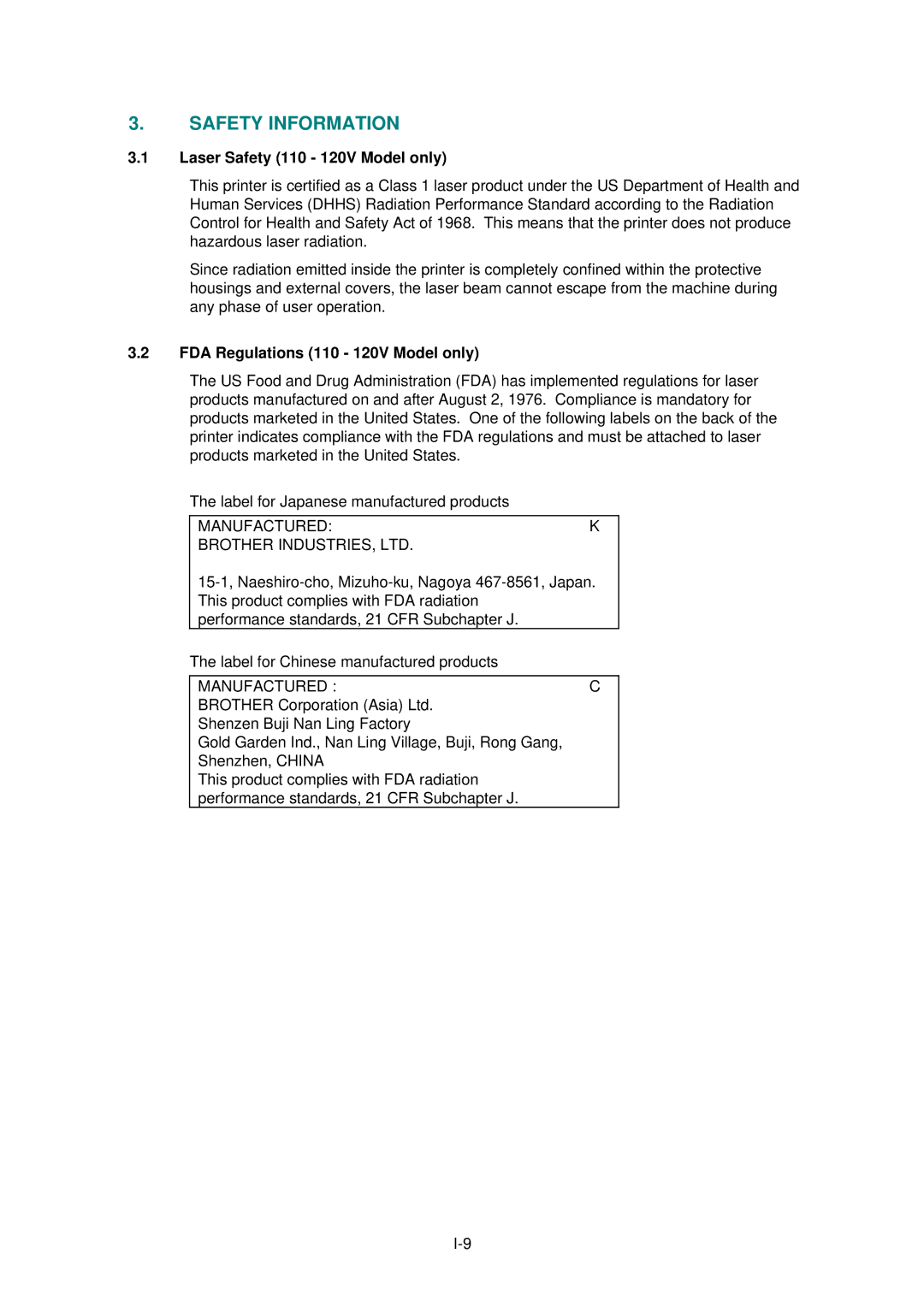 Brother HL-820, HL-1020, HL-1040 manual Laser Safety 110 120V Model only, FDA Regulations 110 120V Model only, Manufacturedk 