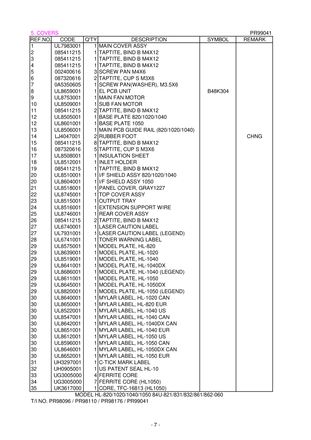 Brother HL-1040 EL PCB Unit, Rubber Foot Chng, 17 UL8508001 1 Insulation Sheet, 24 UL8516001 1 Extension Support Wire 