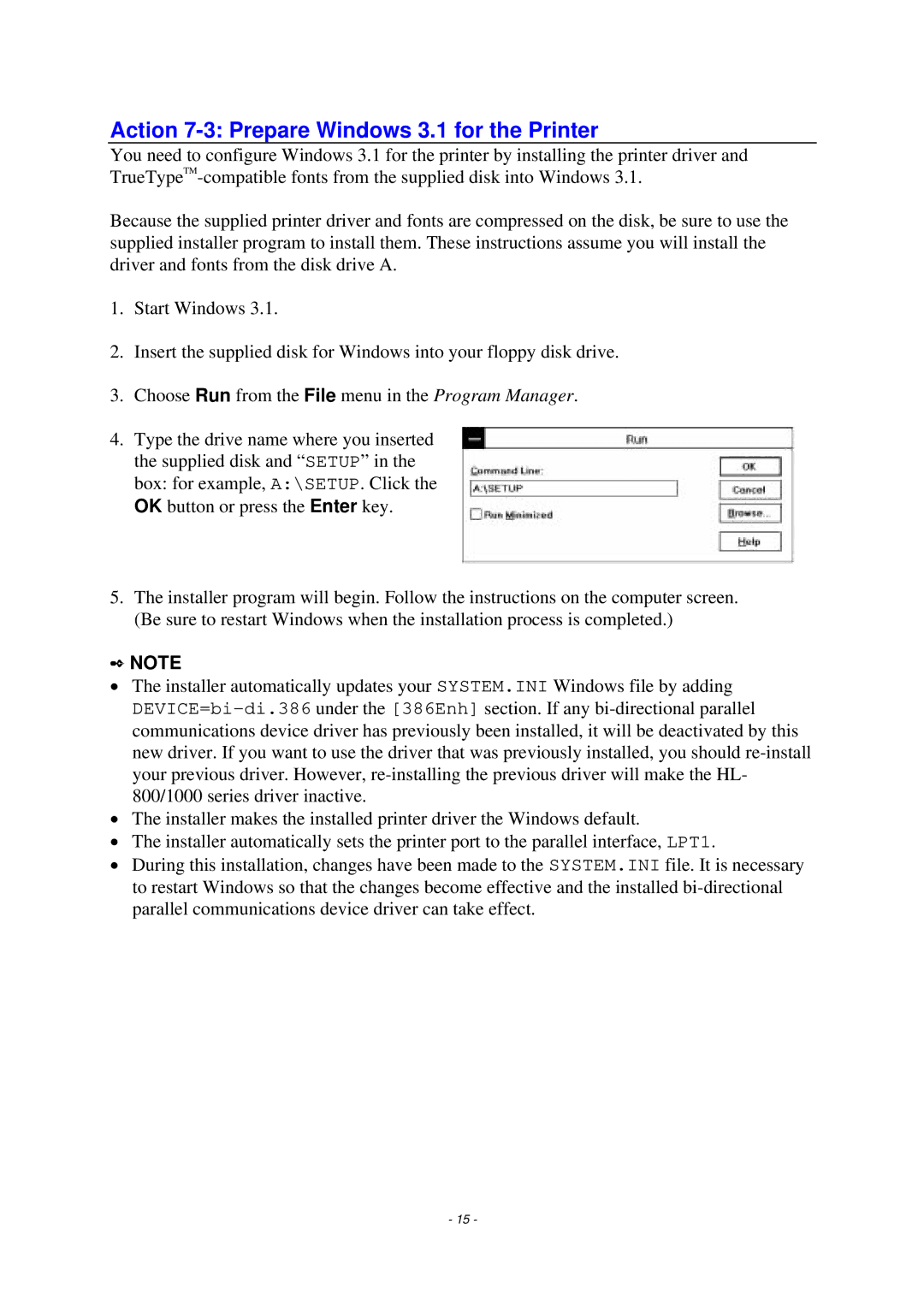 Brother HL-820, HL-1020, HL-1040 manual Action 7-3 Prepare Windows 3.1 for the Printer 