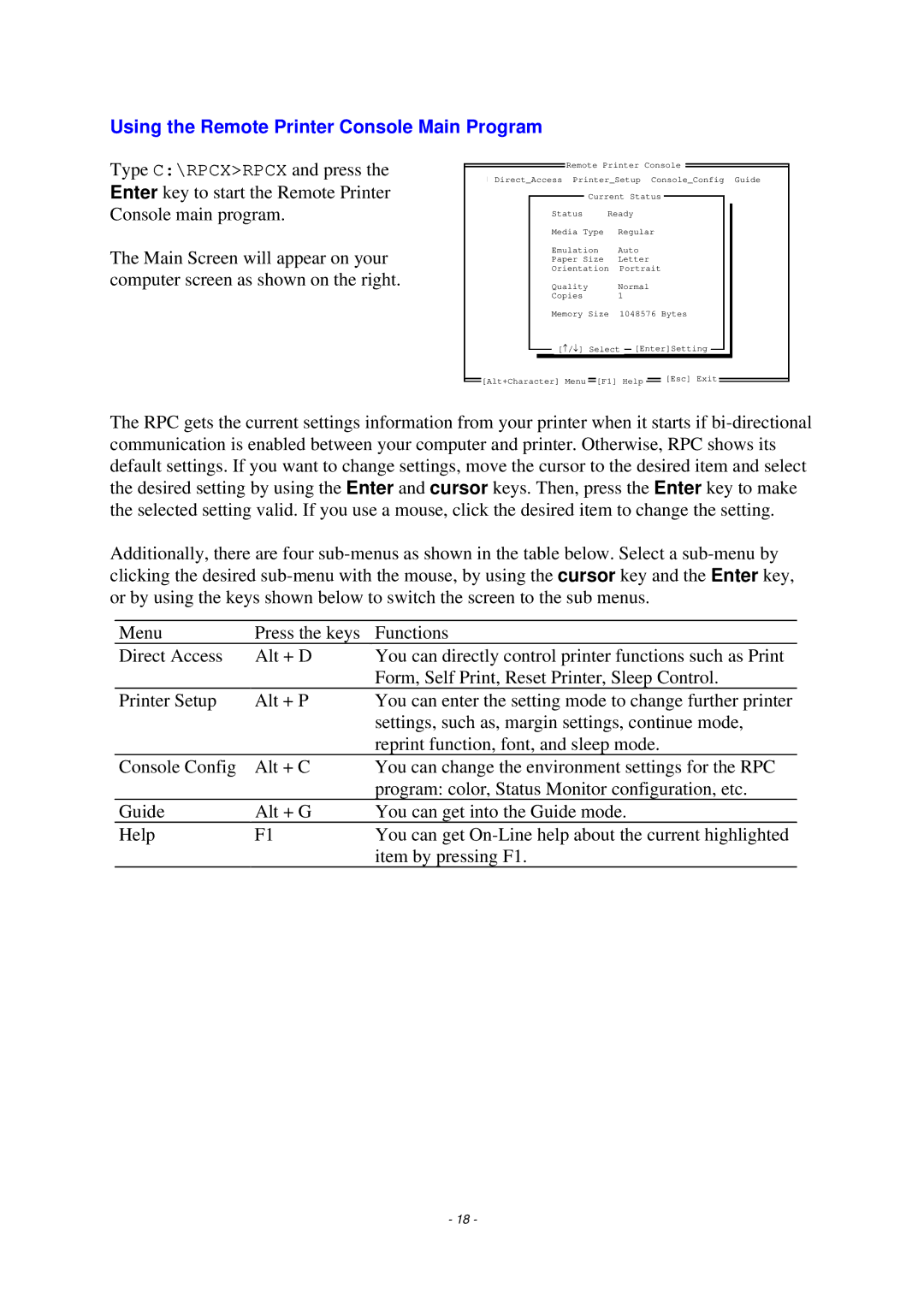 Brother HL-820, HL-1020, HL-1040 manual Using the Remote Printer Console Main Program 