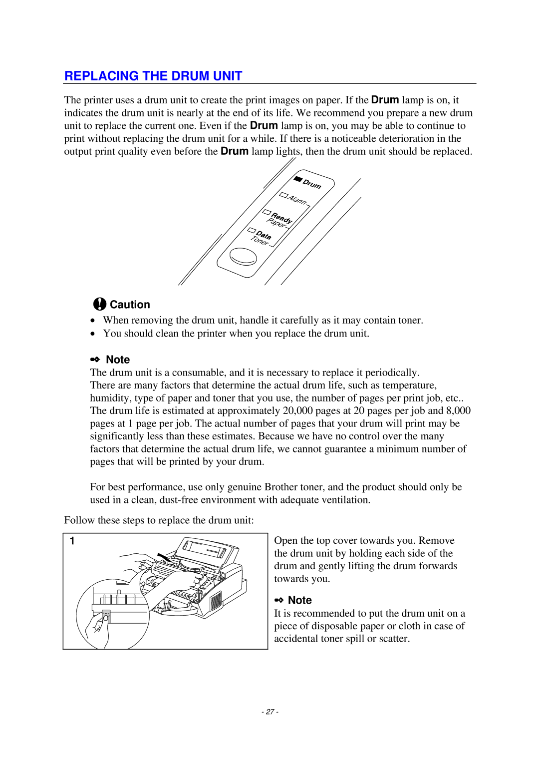 Brother HL-820, HL-1020, HL-1040 manual Replacing the Drum Unit 