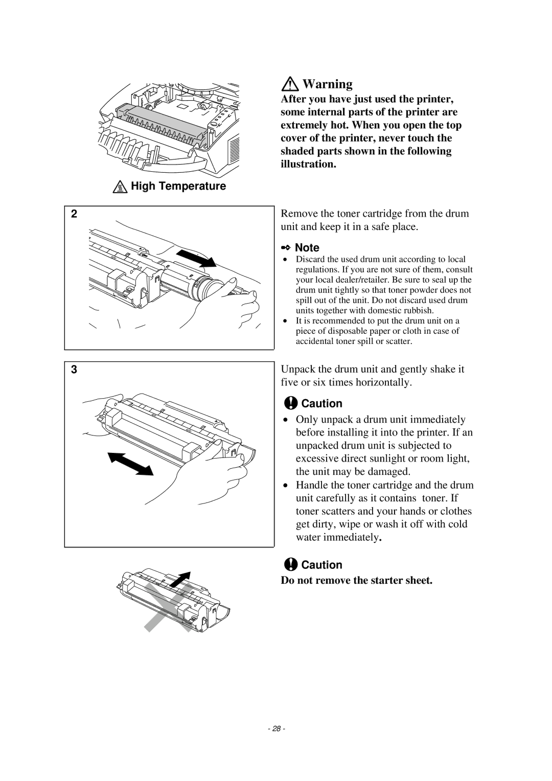 Brother HL-1020, HL-820, HL-1040 manual Do not remove the starter sheet 