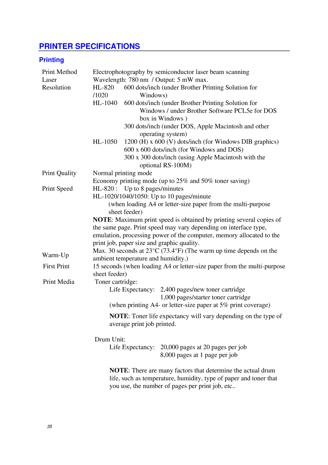 Brother HL-1040, HL-820, HL-1020 manual Printer Specifications, Printing 