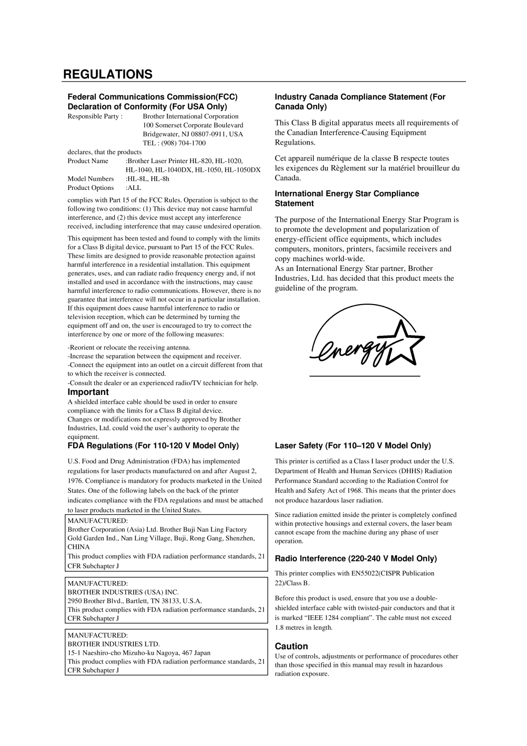 Brother HL-1020, HL-820, HL-1040 manual Regulations 