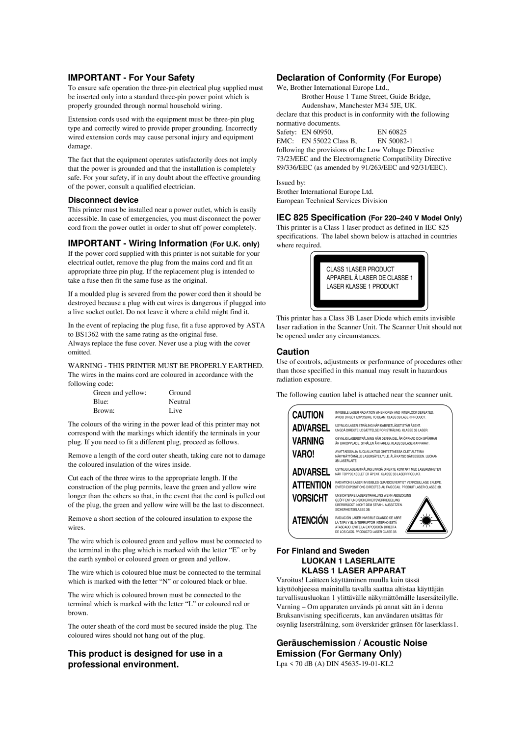 Brother HL-1040, HL-820, HL-1020 manual Important For Your Safety, Important Wiring Information For U.K. only 