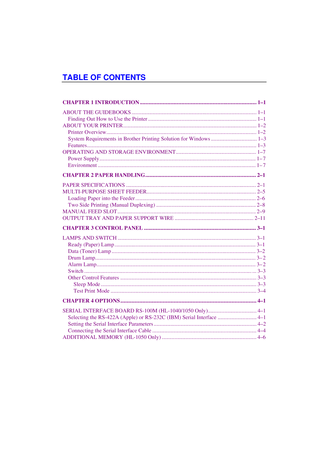 Brother HL-820, HL-1020, HL-1040 manual Table of Contents 