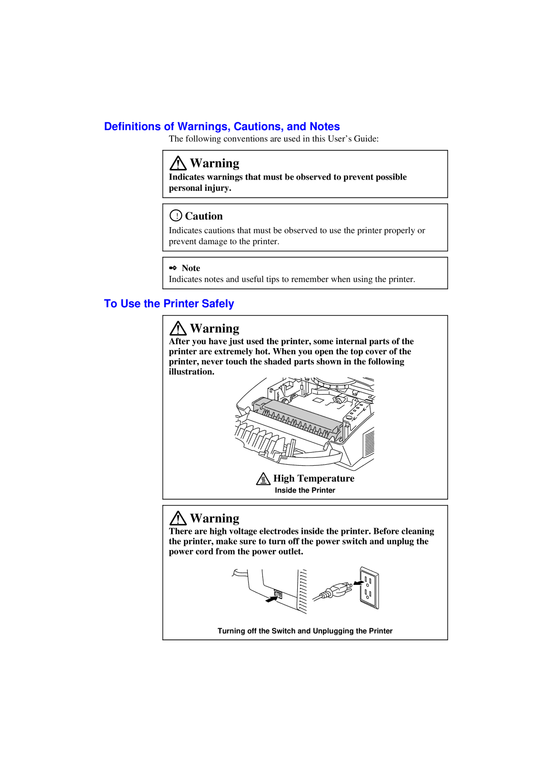 Brother HL-1040, HL-820, HL-1020 manual Definitions of Warnings, Cautions, and Notes, To Use the Printer Safely 