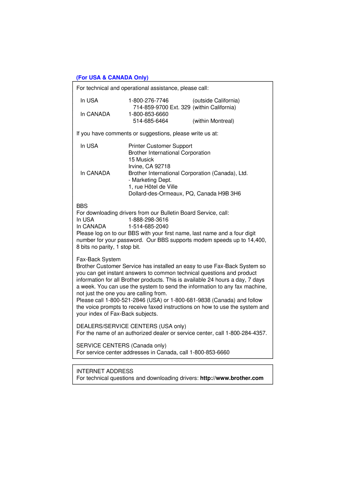 Brother HL-1020, HL-820, HL-1040 manual Bbs, Internet Address 