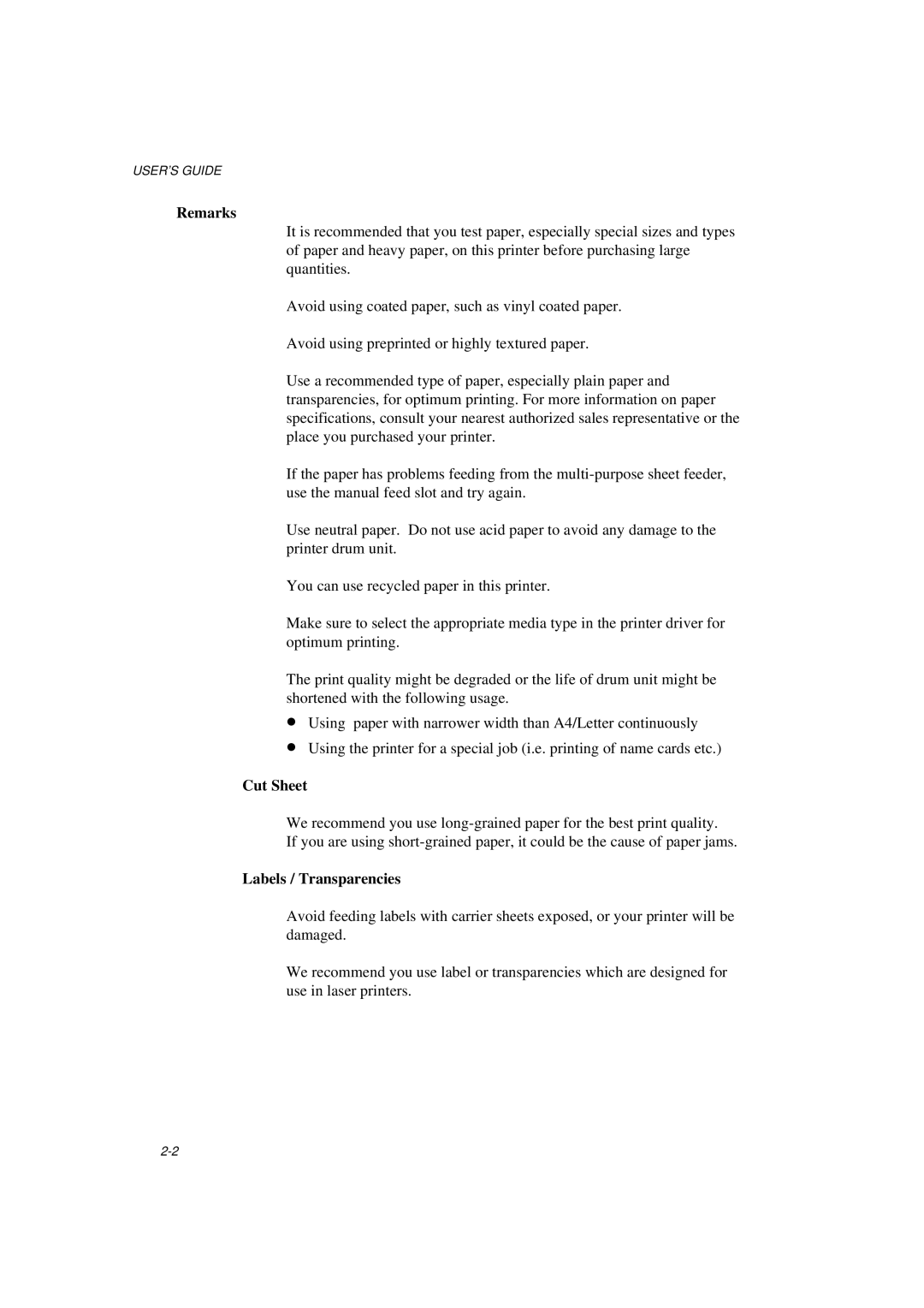 Brother HL-1040, HL-820, HL-1020 manual Remarks, Cut Sheet, Labels / Transparencies 