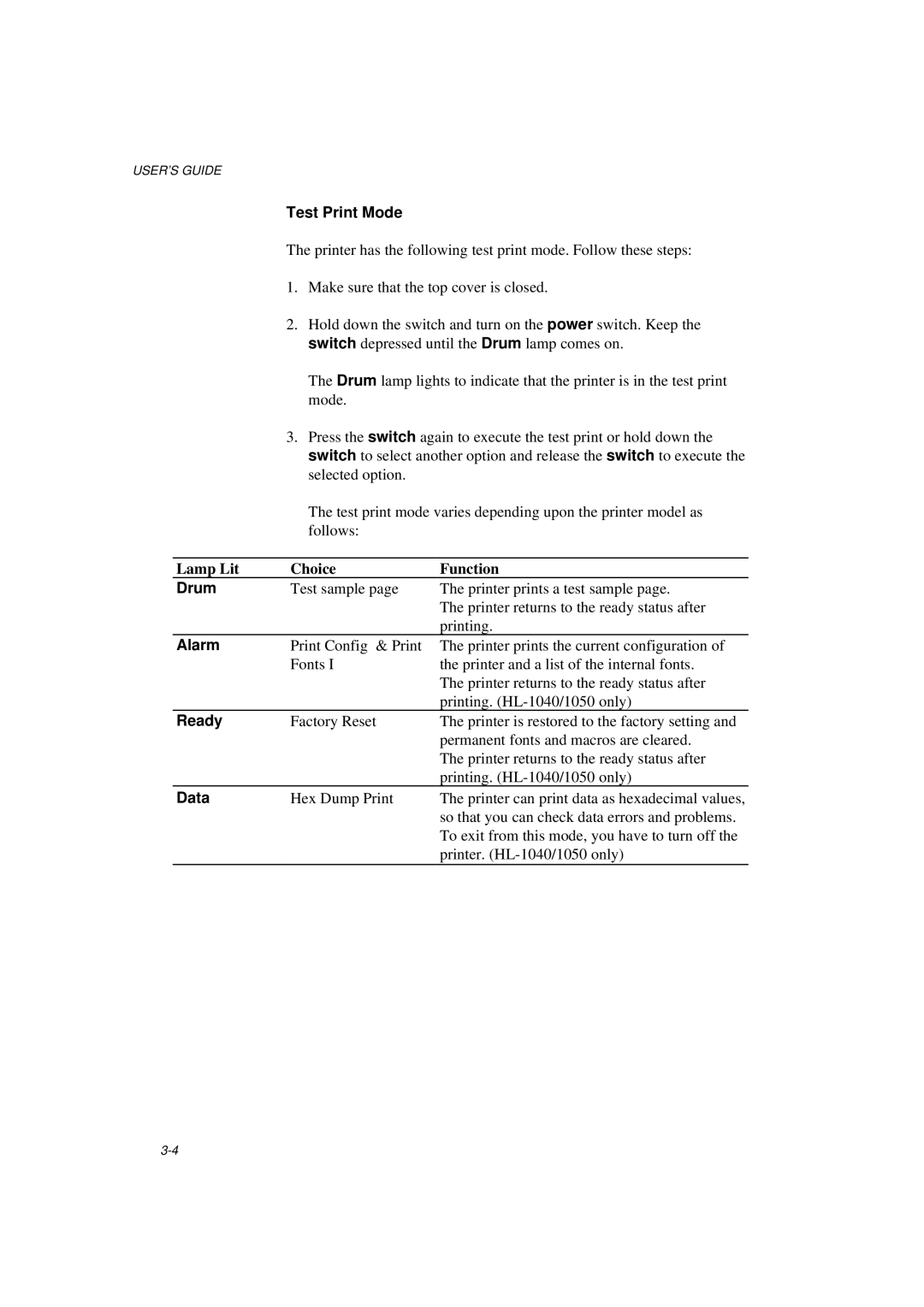 Brother HL-820, HL-1020, HL-1040 manual Test Print Mode, Lamp Lit Choice Function, Drum 