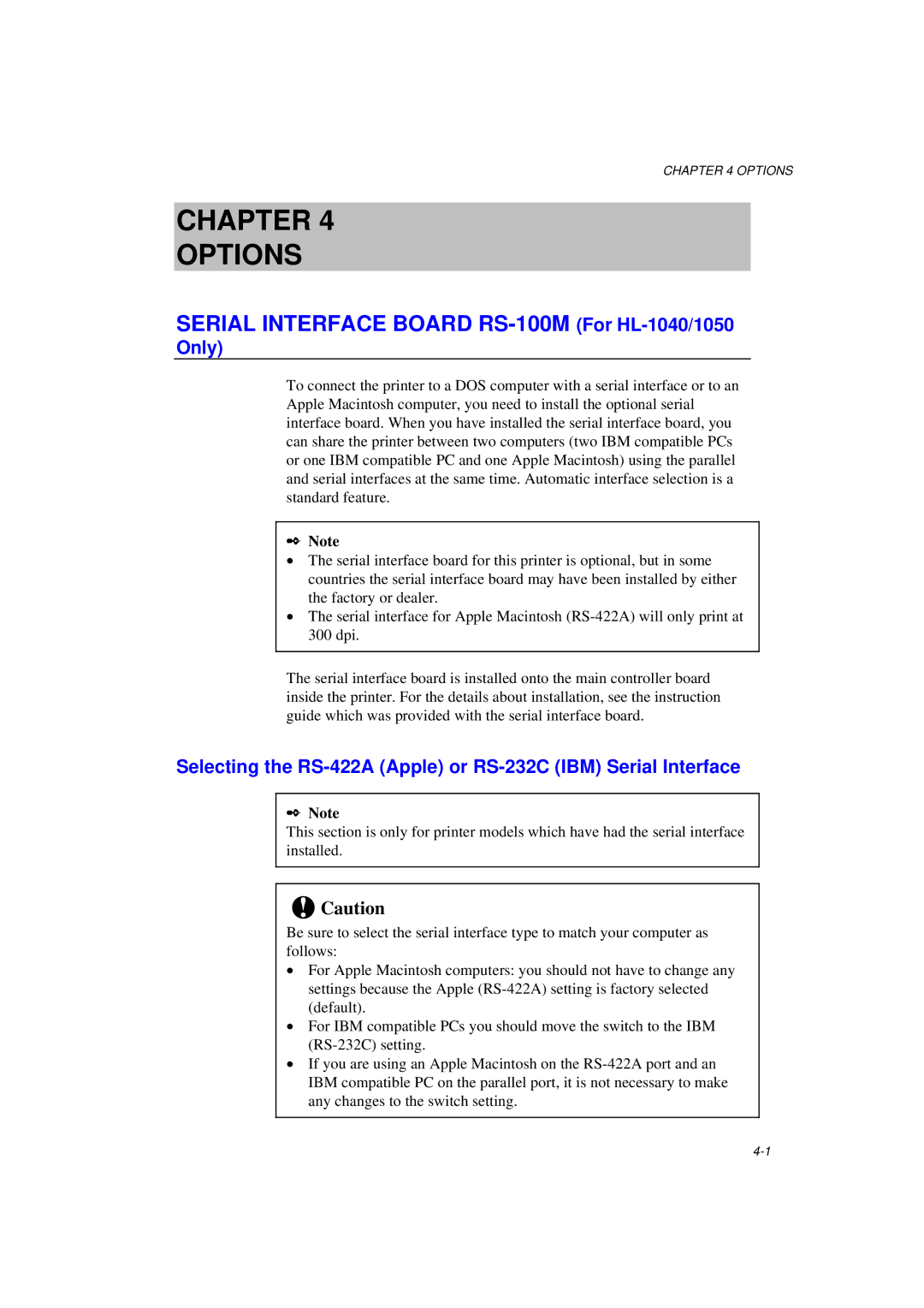 Brother HL-1020, HL-820, HL-1040 manual Only, Selecting the RS-422A Apple or RS-232C IBM Serial Interface 