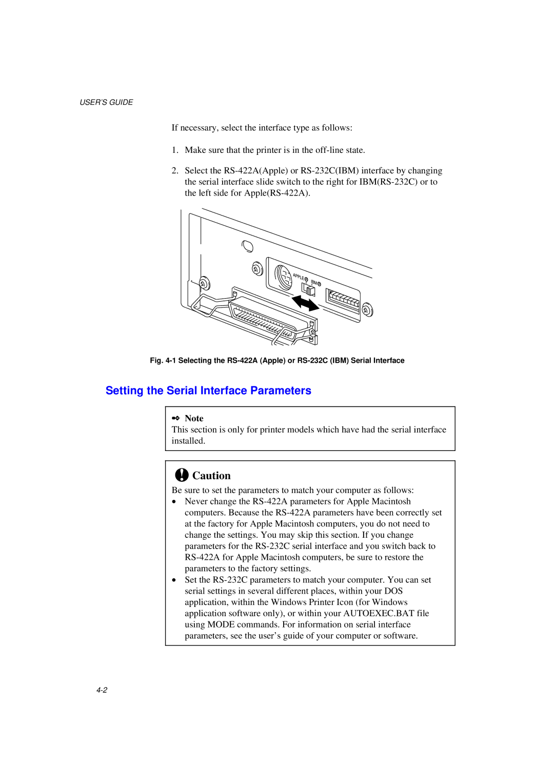 Brother HL-1040 manual Setting the Serial Interface Parameters, Selecting the RS-422A Apple or RS-232C IBM Serial Interface 