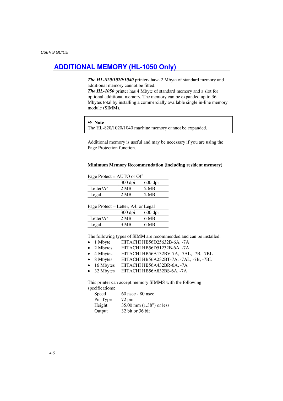 Brother HL-820, HL-1020, HL-1040 manual Minimum Memory Recommendation including resident memory 