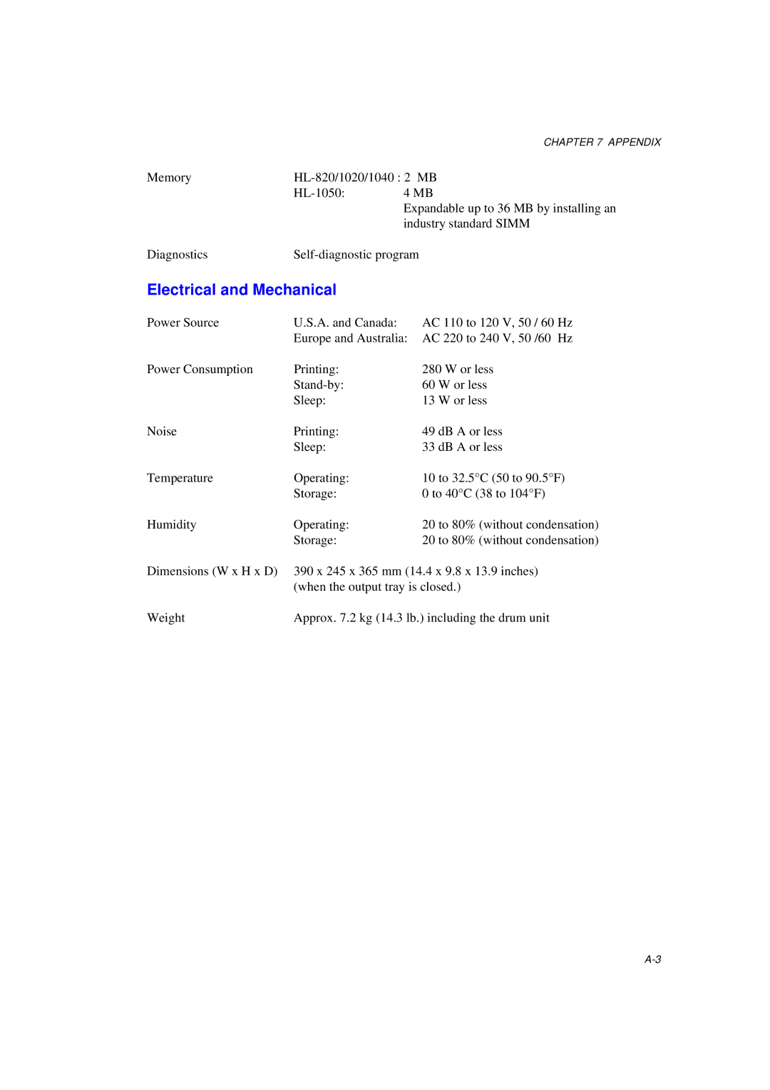 Brother HL-1040, HL-820, HL-1020 manual Electrical and Mechanical 