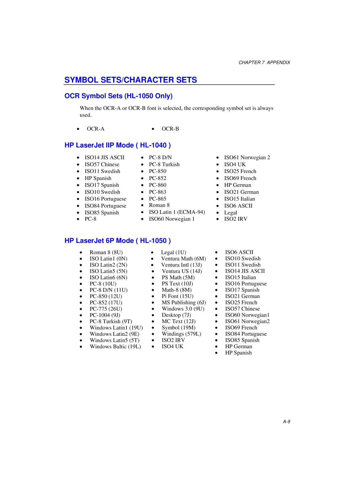 Brother HL-820, HL-1020 manual Symbol SETS/CHARACTER Sets, OCR Symbol Sets HL-1050 Only, HP LaserJet IIP Mode HL-1040 