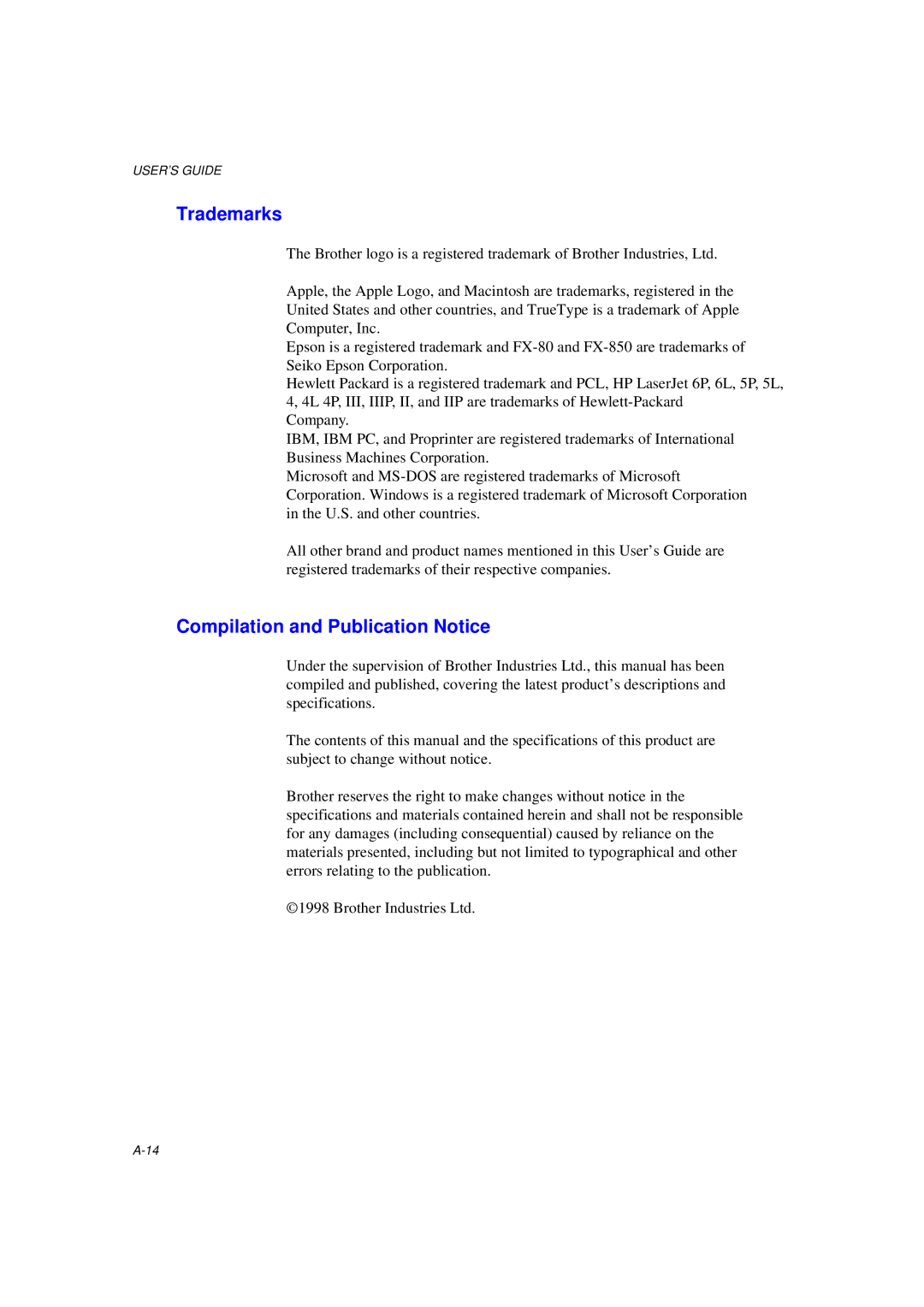 Brother HL-1020, HL-820, HL-1040 manual Trademarks, Compilation and Publication Notice 