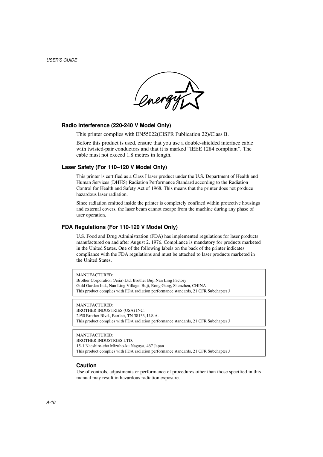Brother HL-820, HL-1020, HL-1040 manual Radio Interference 220-240 V Model Only, Laser Safety For 110-120 V Model Only 