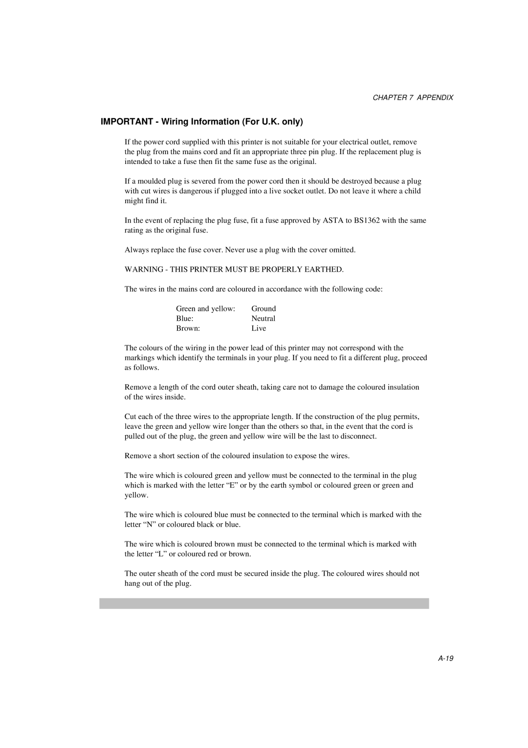 Brother HL-820, HL-1020, HL-1040 manual Important Wiring Information For U.K. only 