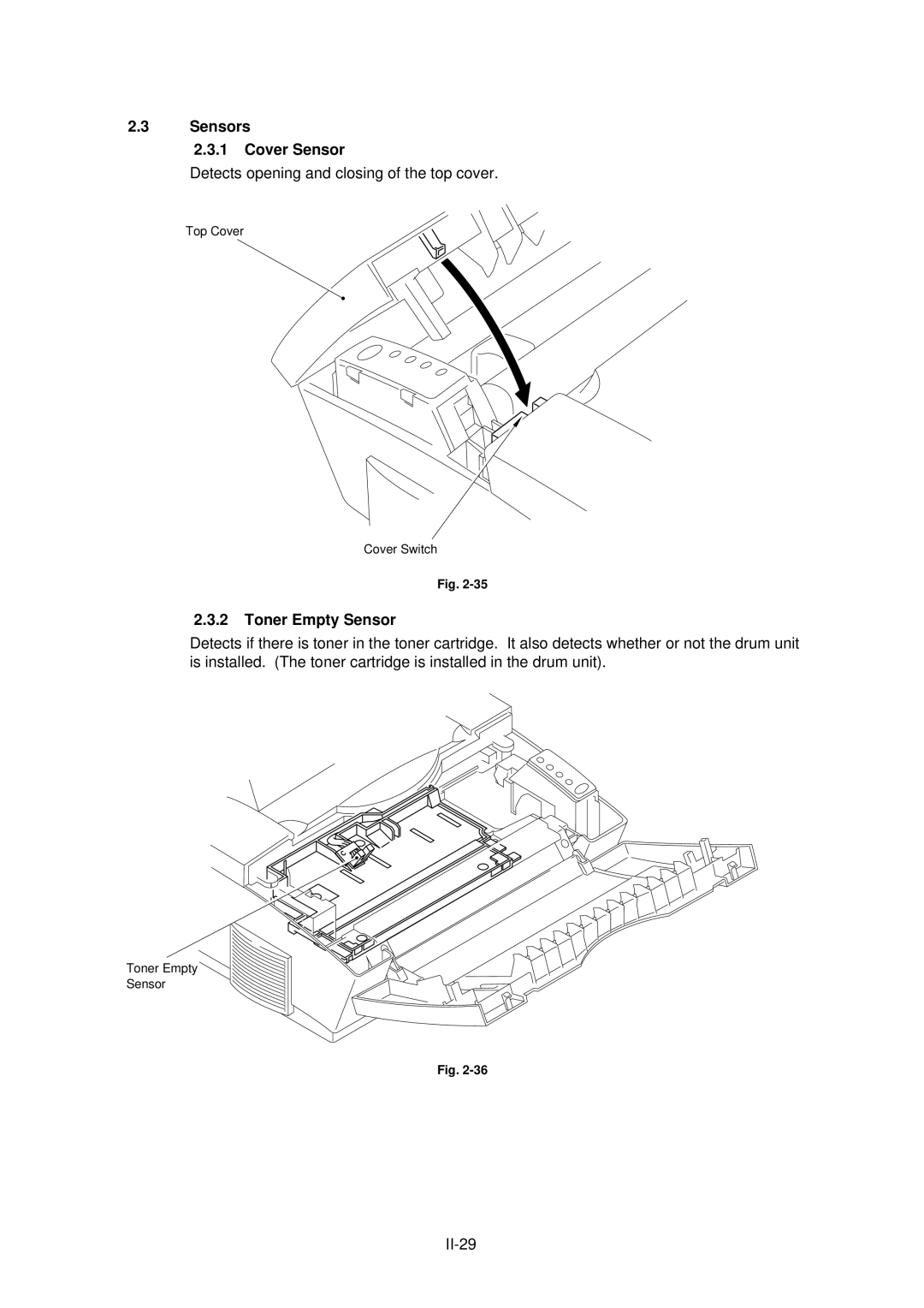 Brother HL-820, HL-1020, HL-1040 manual Sensors Cover Sensor, Toner Empty Sensor 