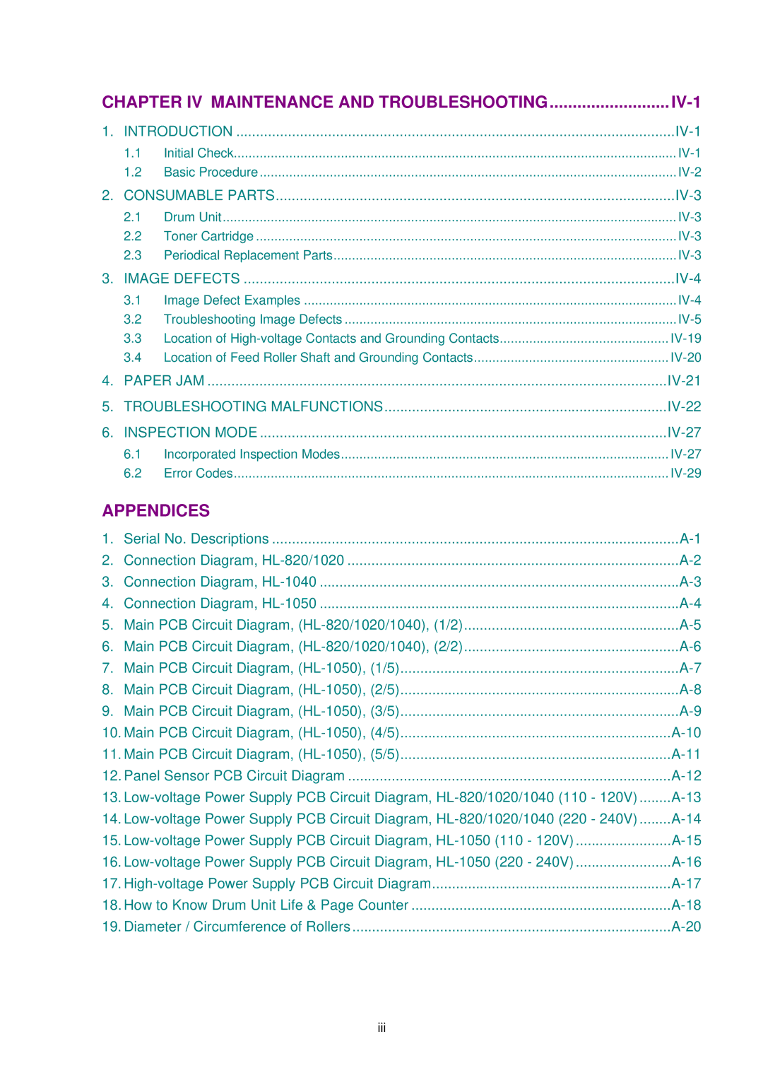 Brother HL-820, HL-1020, HL-1040 manual Chapter IV Maintenance and Troubleshooting 