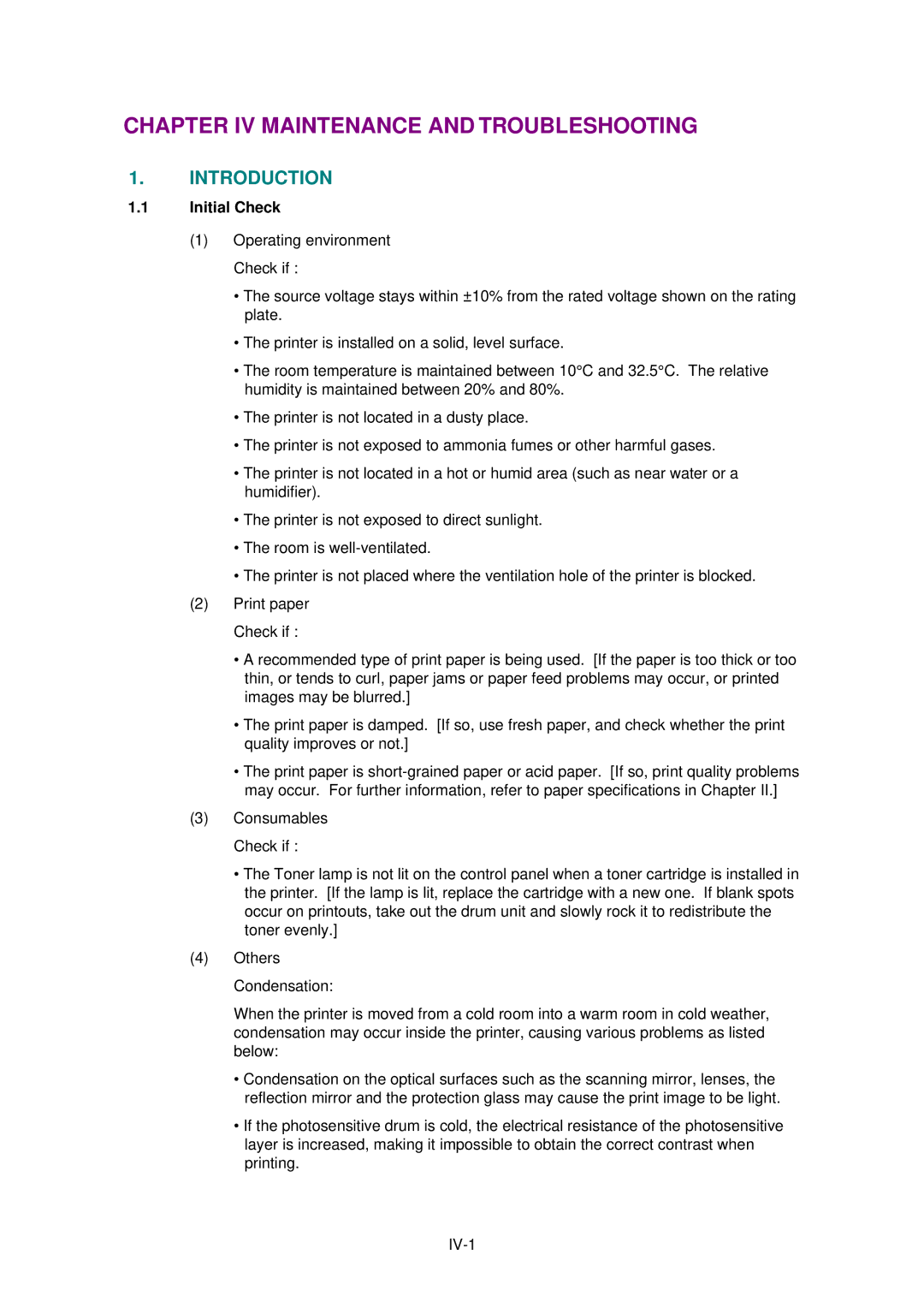 Brother HL-1040, HL-820, HL-1020 manual Chapter IV Maintenance and Troubleshooting, Initial Check 