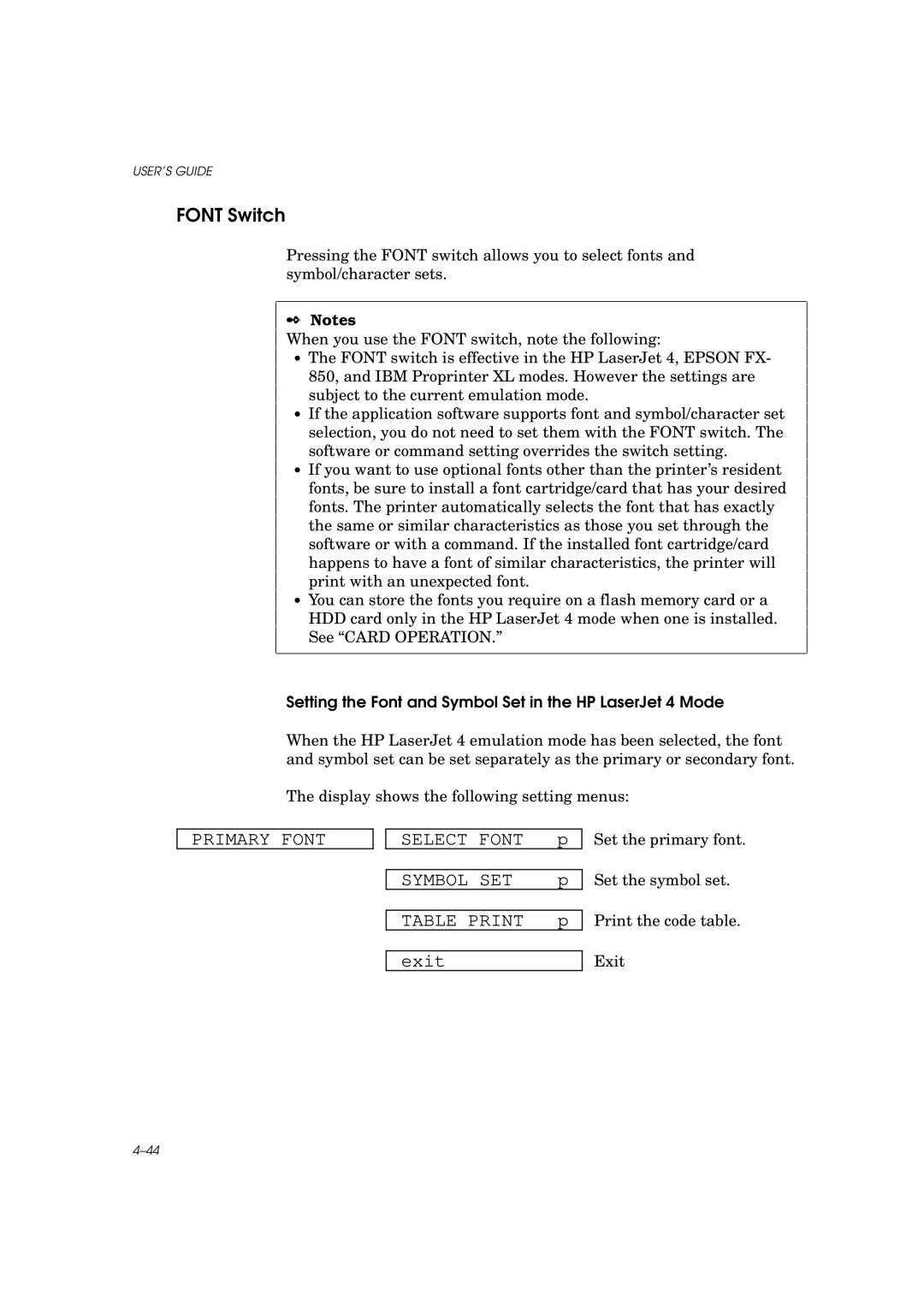 Brother HL-960 manual Font Switch, Select Font p, Symbol SET, Table Print p 