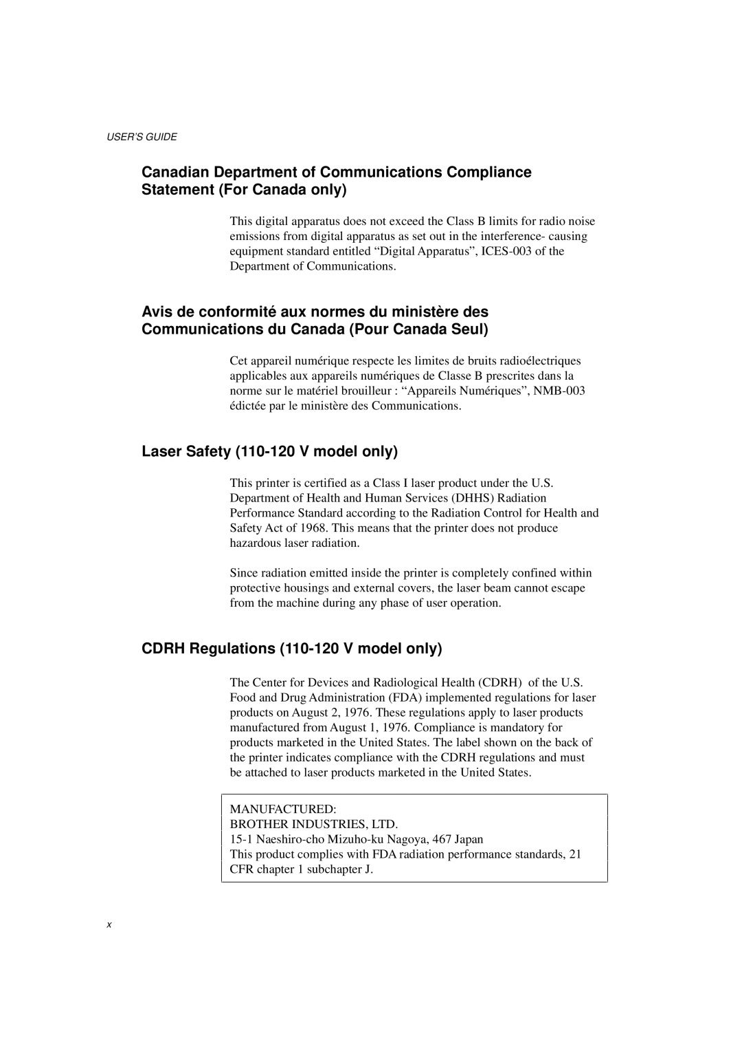 Brother HL-960 manual Laser Safety 110-120 V model only, Cdrh Regulations 110-120 V model only 