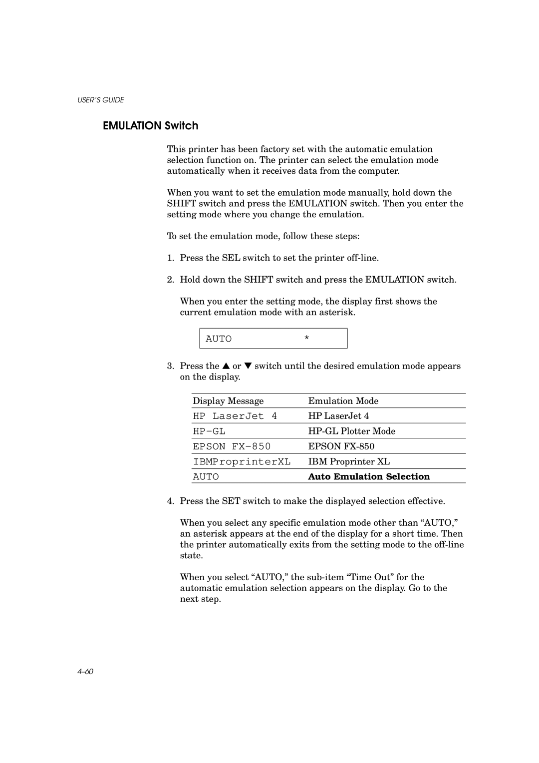 Brother HL-960 manual Auto, HP LaserJet, Hp-Gl, Epson FX-850, IBMProprinterXL 