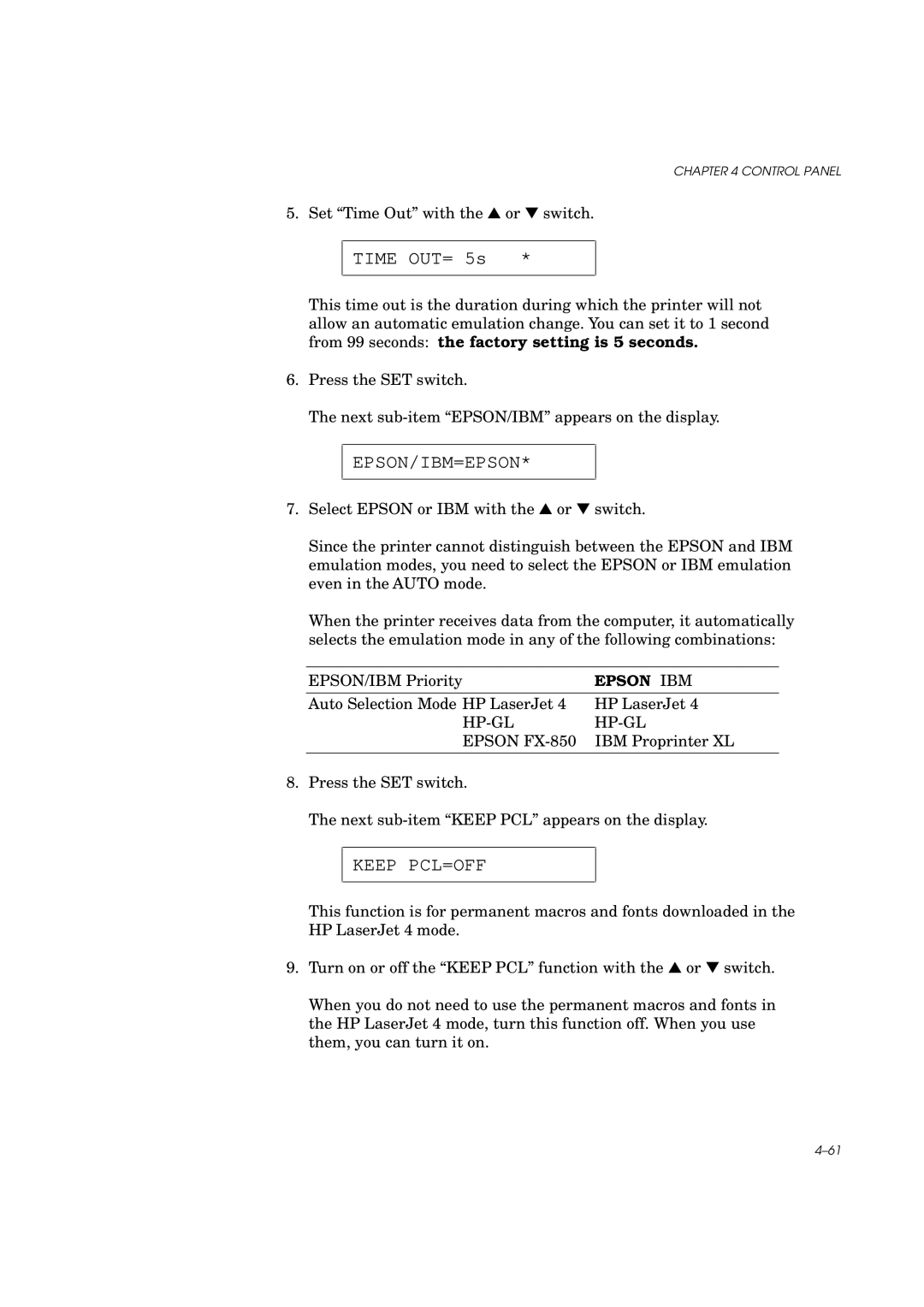 Brother HL-960 manual Epson/Ibm=Epson, Keep PCL=OFF 