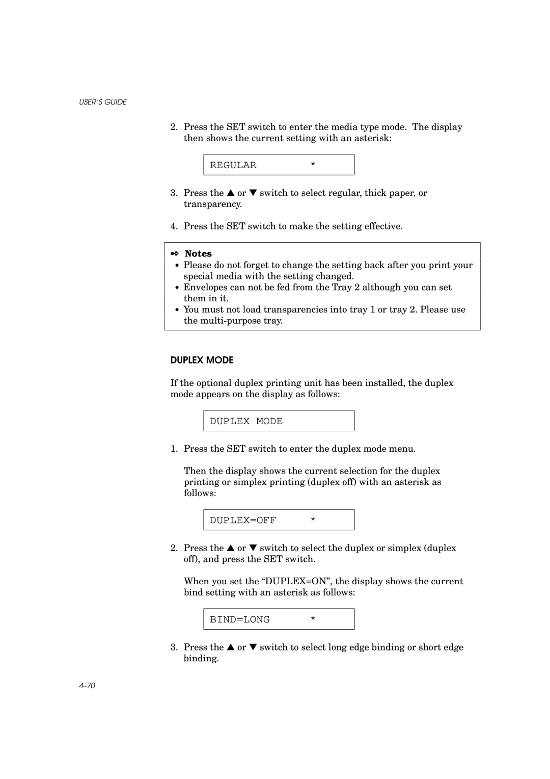 Brother HL-960 manual Regular, Duplex=Off, Bind=Long 