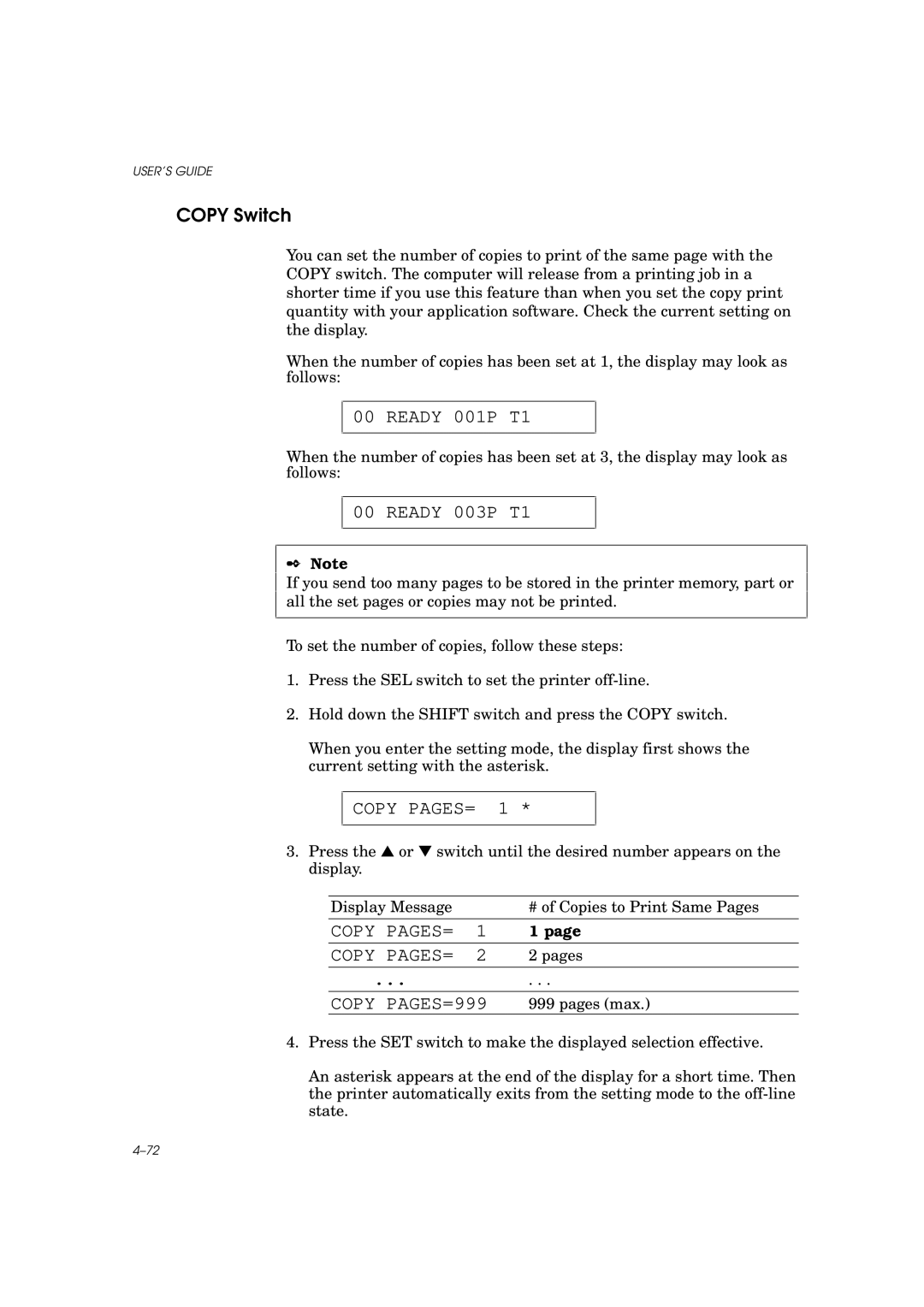 Brother HL-960 manual Copy Switch, Ready 003P T1, Copy PAGES= 