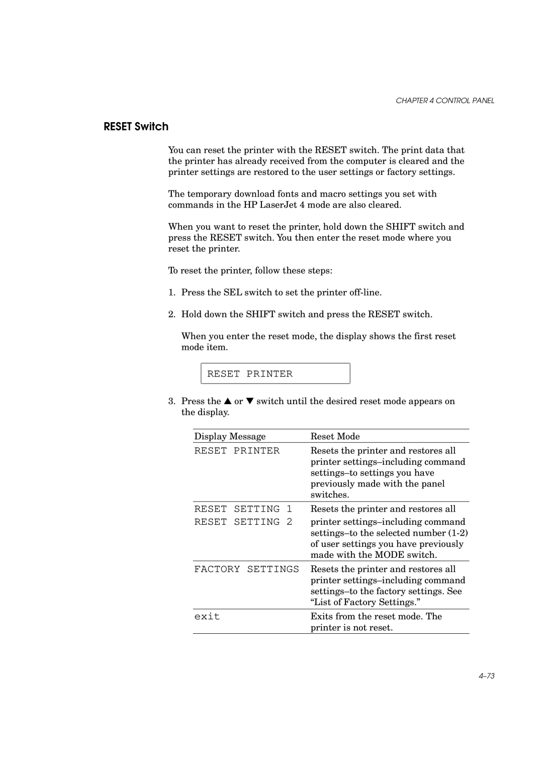 Brother HL-960 manual Reset Switch, Reset Printer, Reset Setting, Factory Settings 